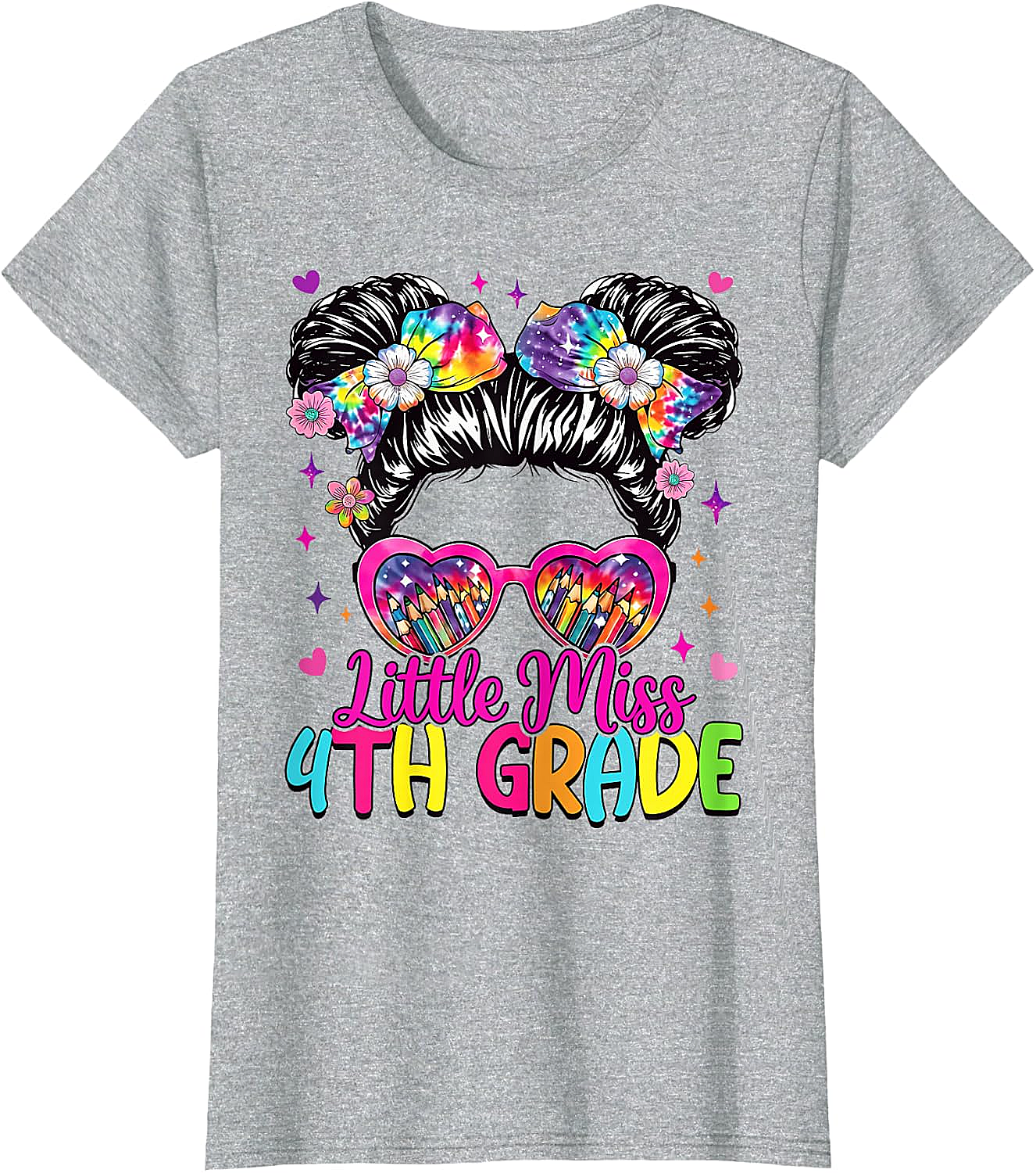  Little Miss 4th Grade Messy Bun T-Shirt Back to School Tee