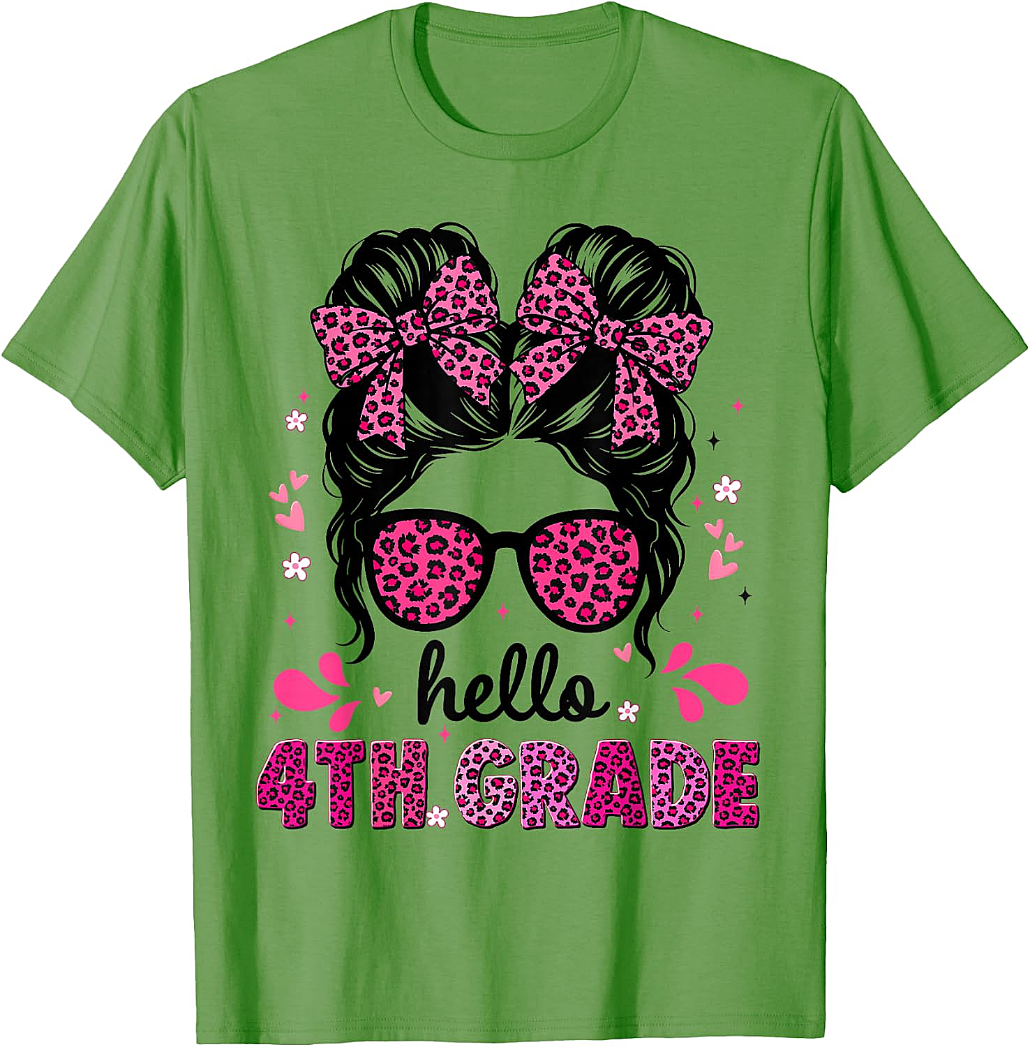 Hello 4th Grade Messy Bun Girls T-Shirt First Day School Tee