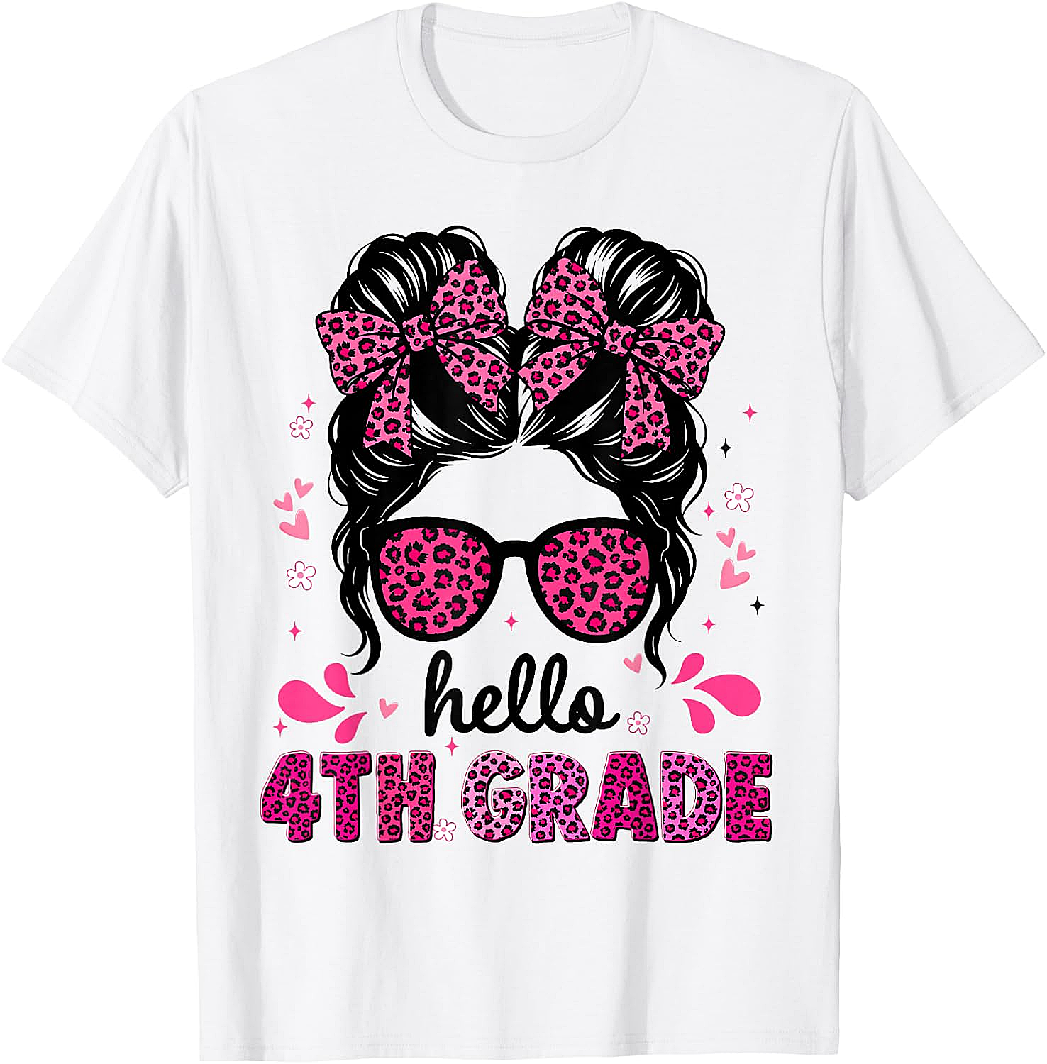 Hello 4th Grade Messy Bun Girls T-Shirt First Day School Tee