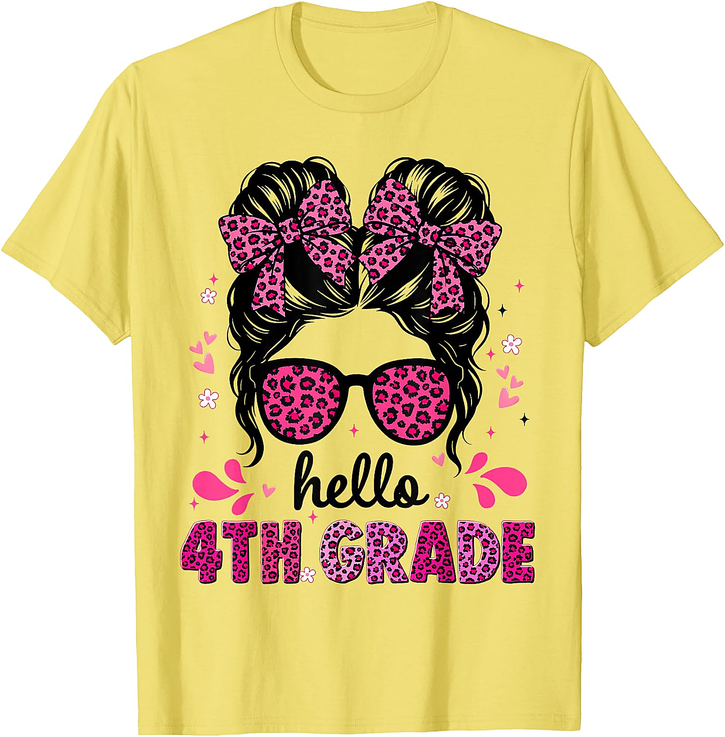 Hello 4th Grade Messy Bun Girls T-Shirt First Day School Tee
