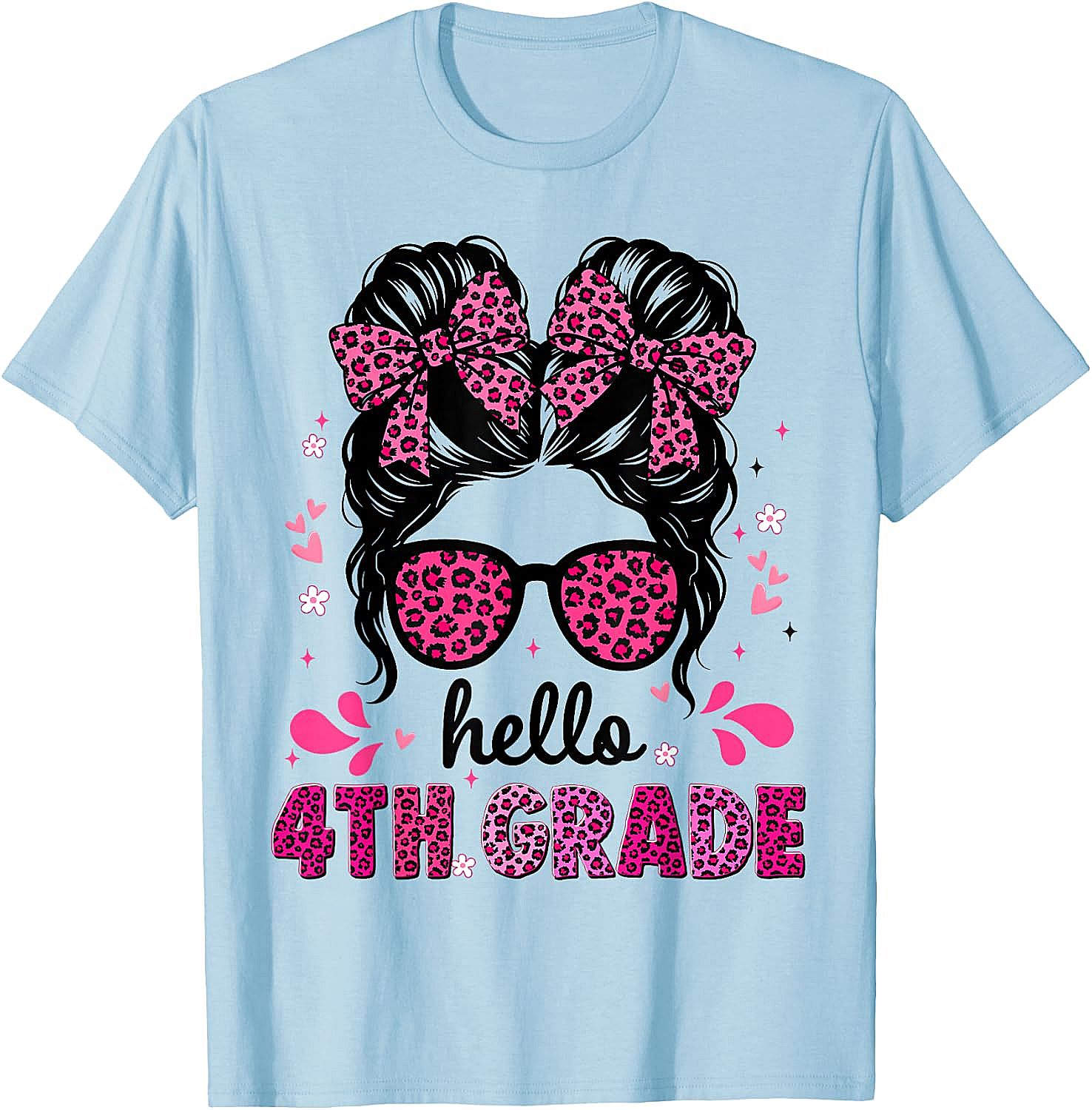Hello 4th Grade Messy Bun Girls T-Shirt First Day School Tee