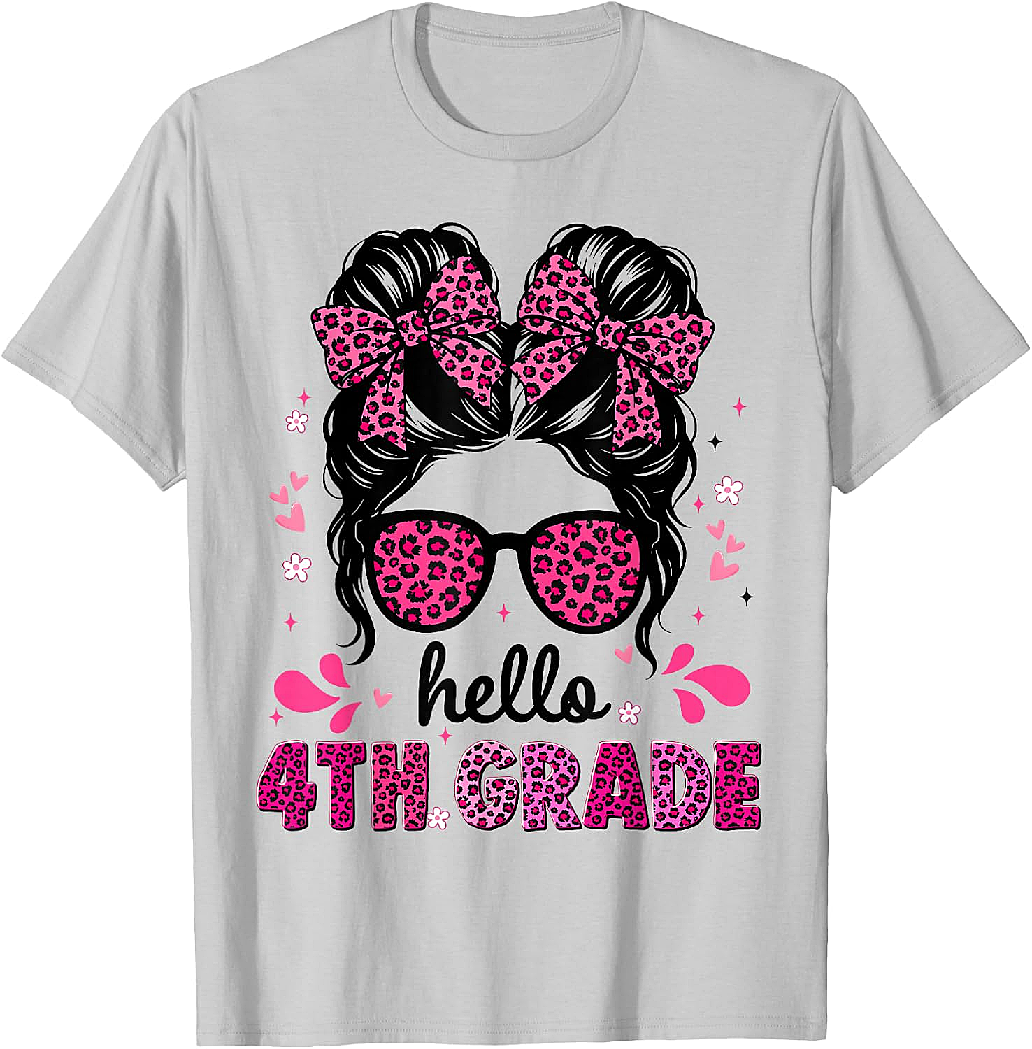 Hello 4th Grade Messy Bun Girls T-Shirt First Day School Tee