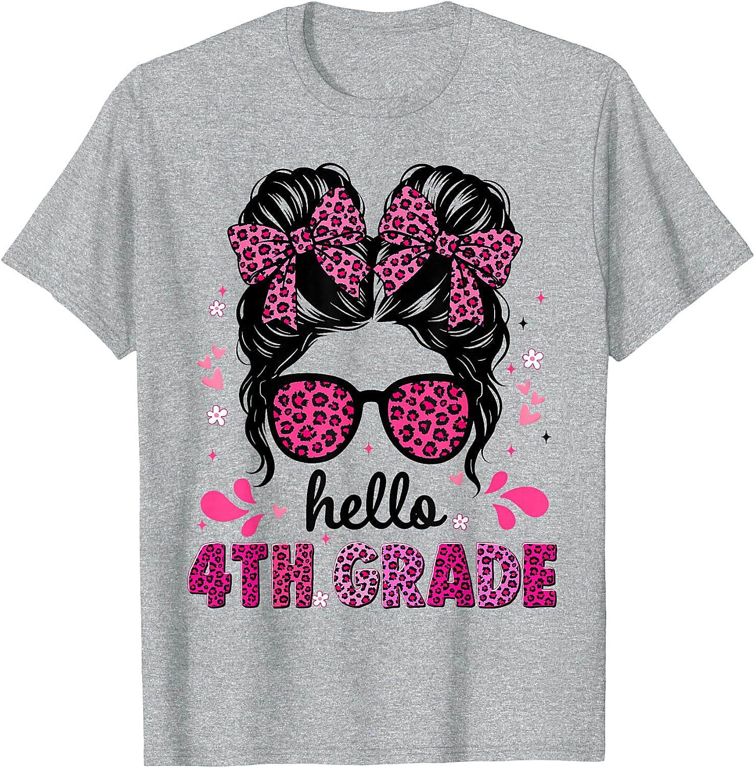 Hello 4th Grade Messy Bun Girls T-Shirt First Day School Tee