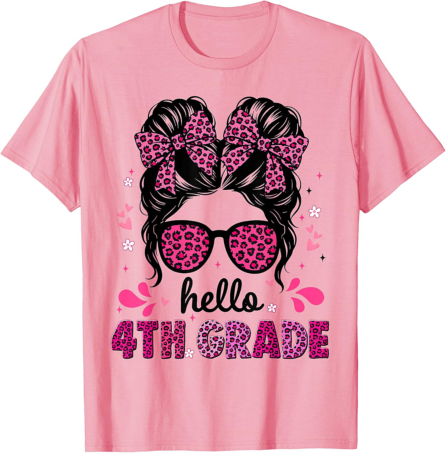 Hello 4th Grade Messy Bun Girls T-Shirt First Day School Tee