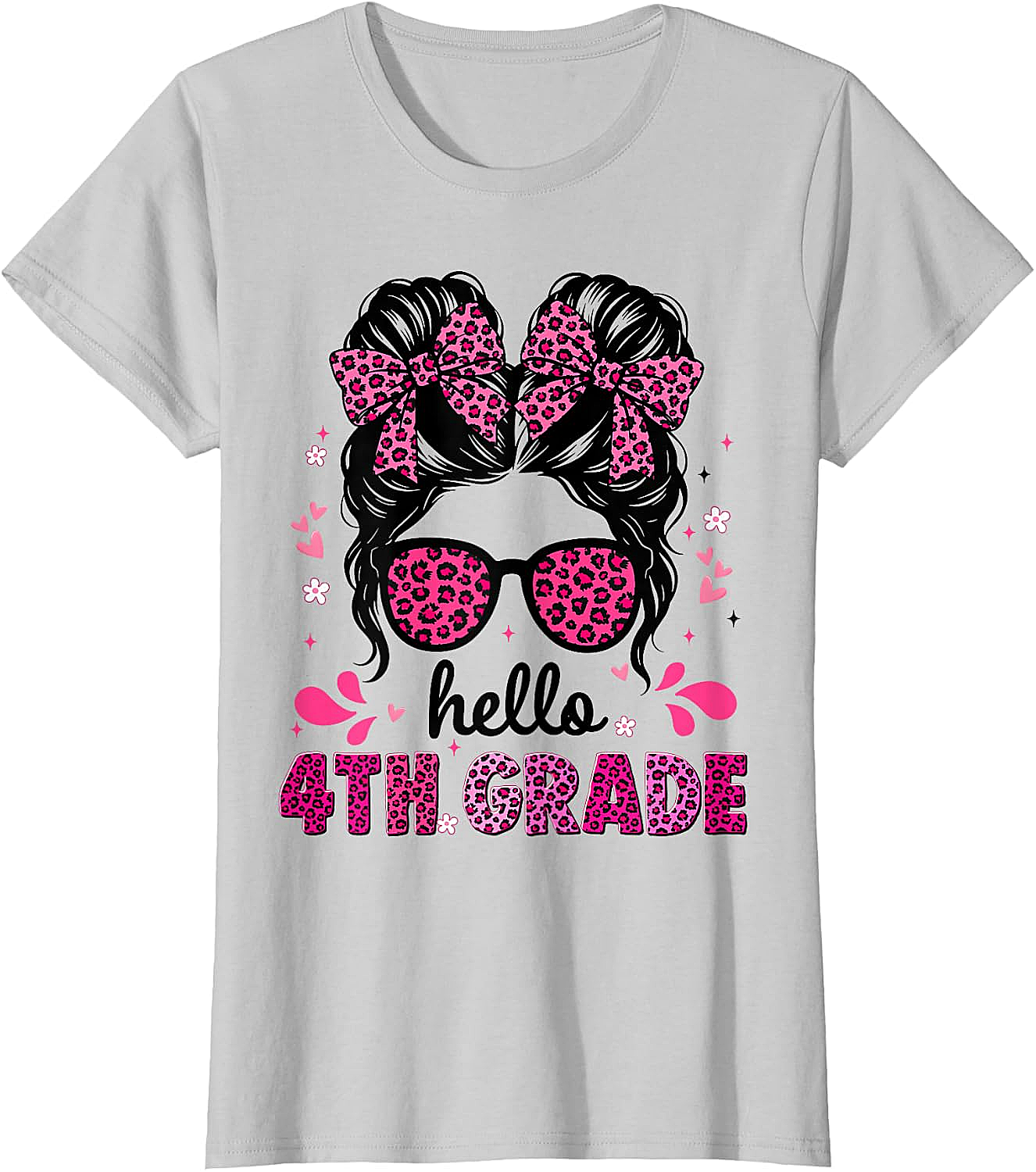 Hello 4th Grade Messy Bun Girls T-Shirt First Day School Tee