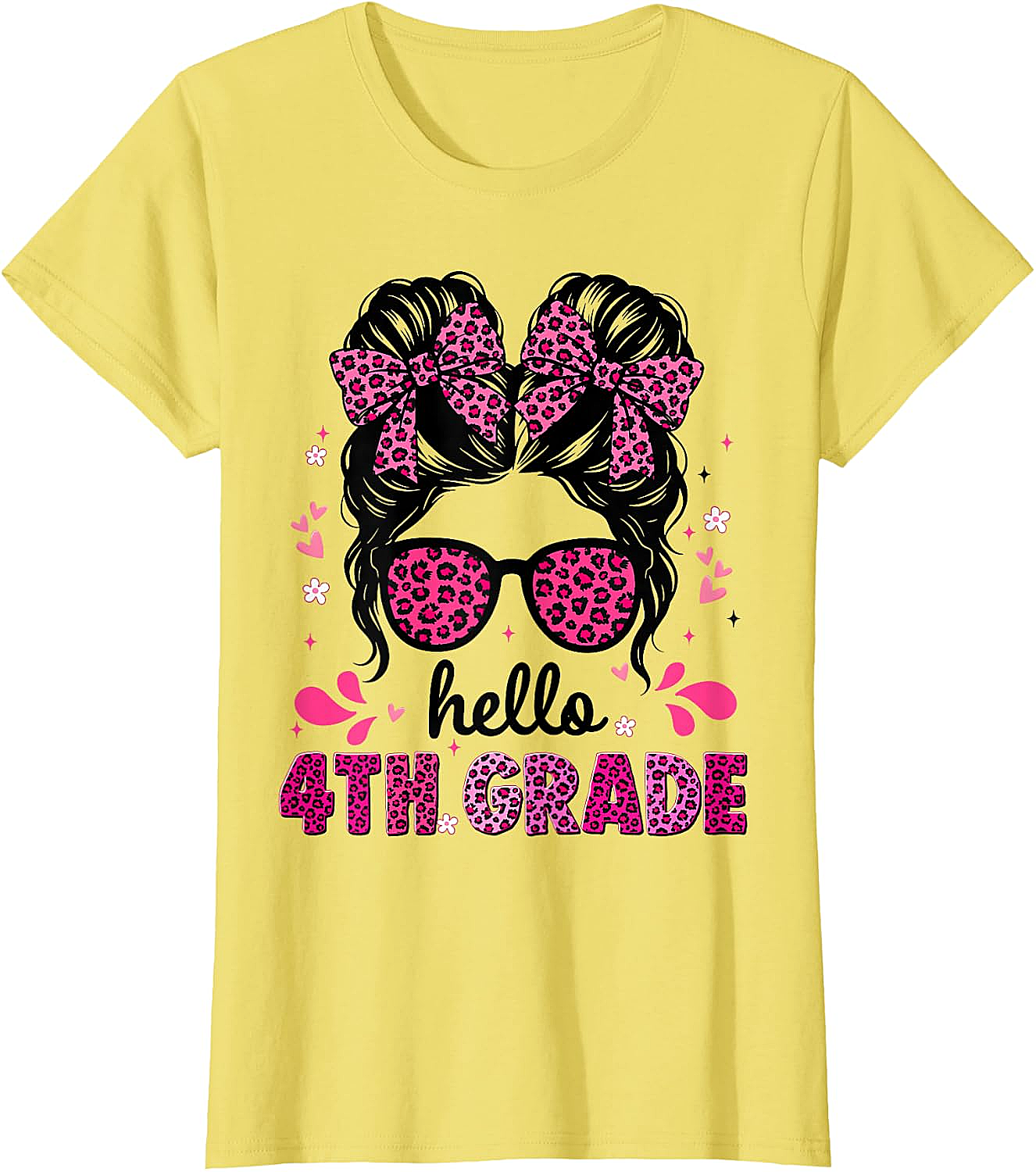 Hello 4th Grade Messy Bun Girls T-Shirt First Day School Tee