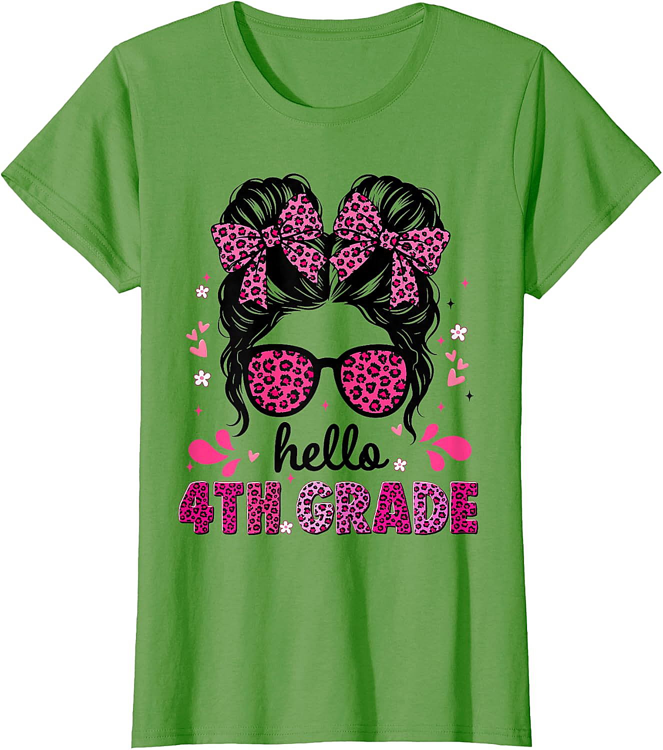 Hello 4th Grade Messy Bun Girls T-Shirt First Day School Tee