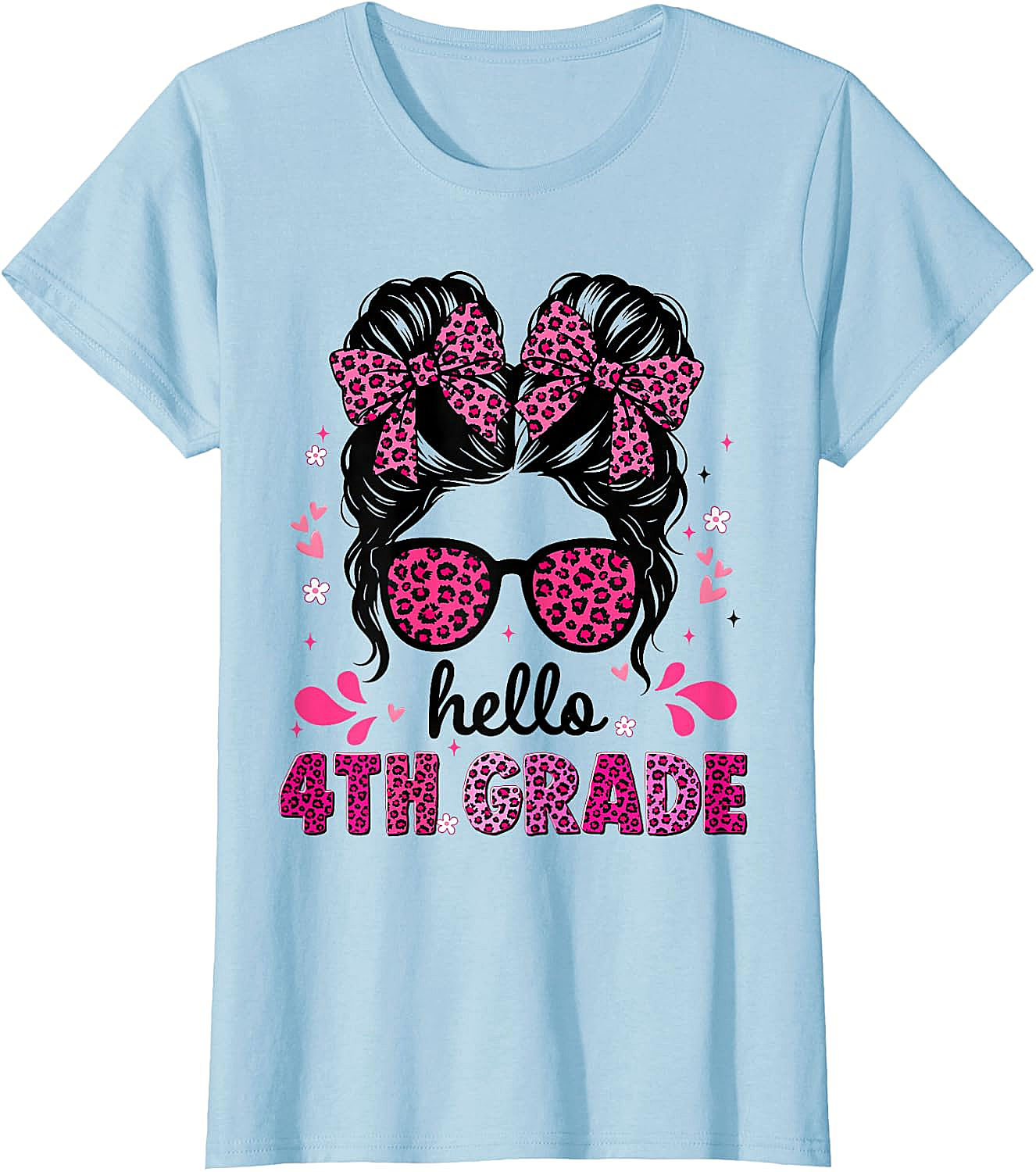 Hello 4th Grade Messy Bun Girls T-Shirt First Day School Tee