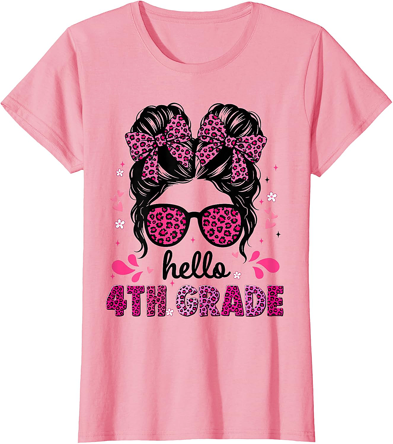 Hello 4th Grade Messy Bun Girls T-Shirt First Day School Tee