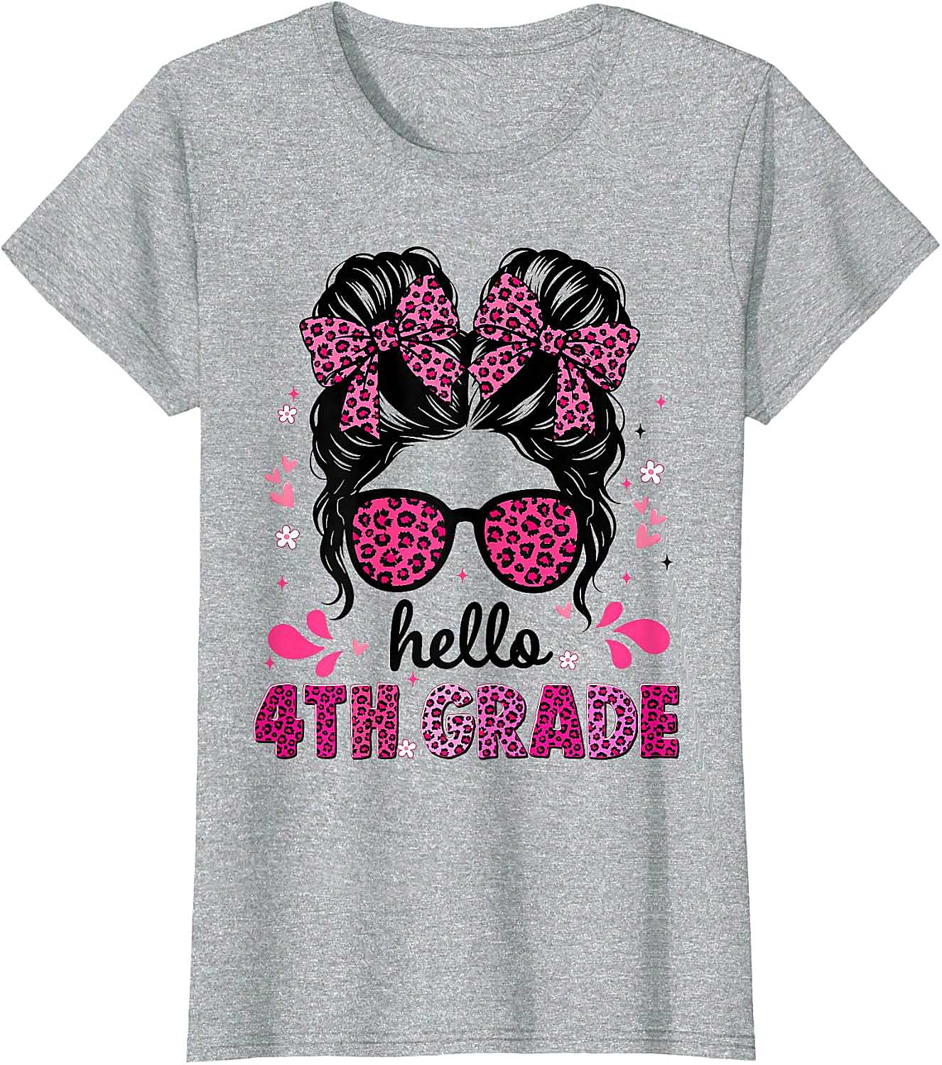 Hello 4th Grade Messy Bun Girls T-Shirt First Day School Tee