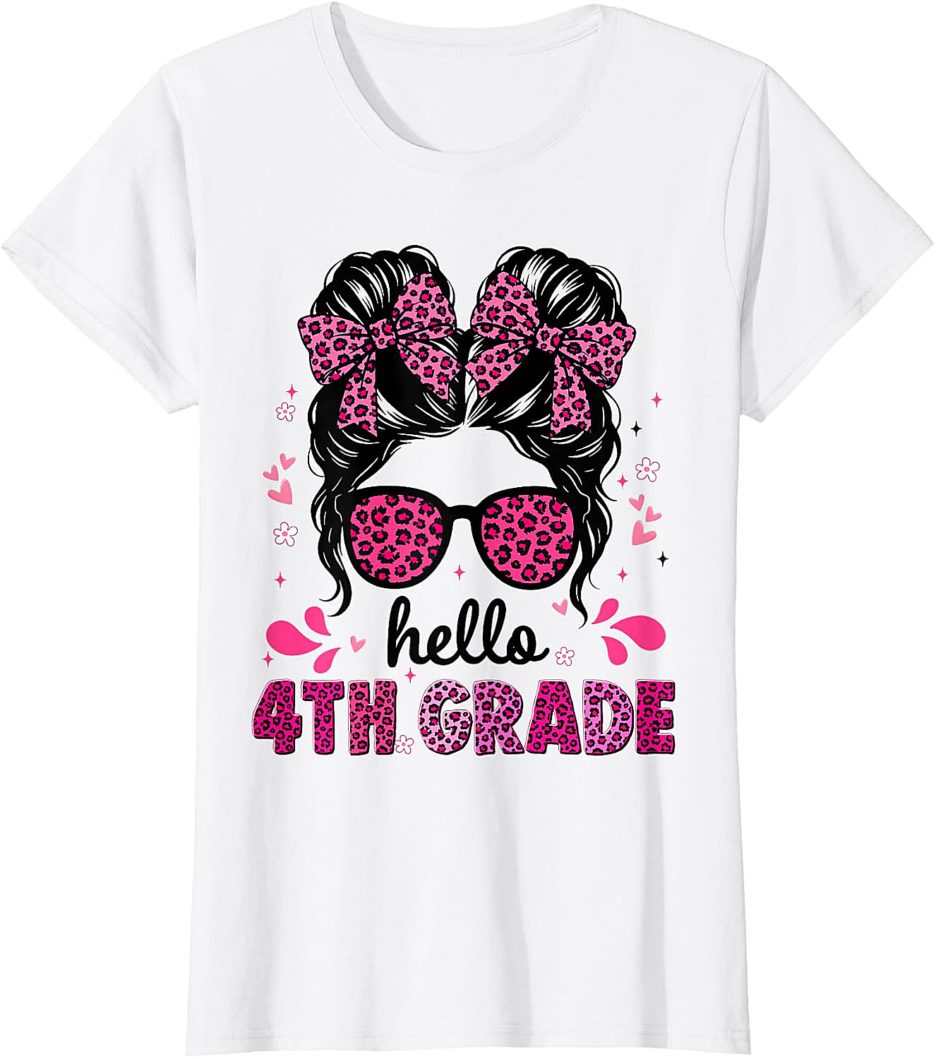 Hello 4th Grade Messy Bun Girls T-Shirt First Day School Tee