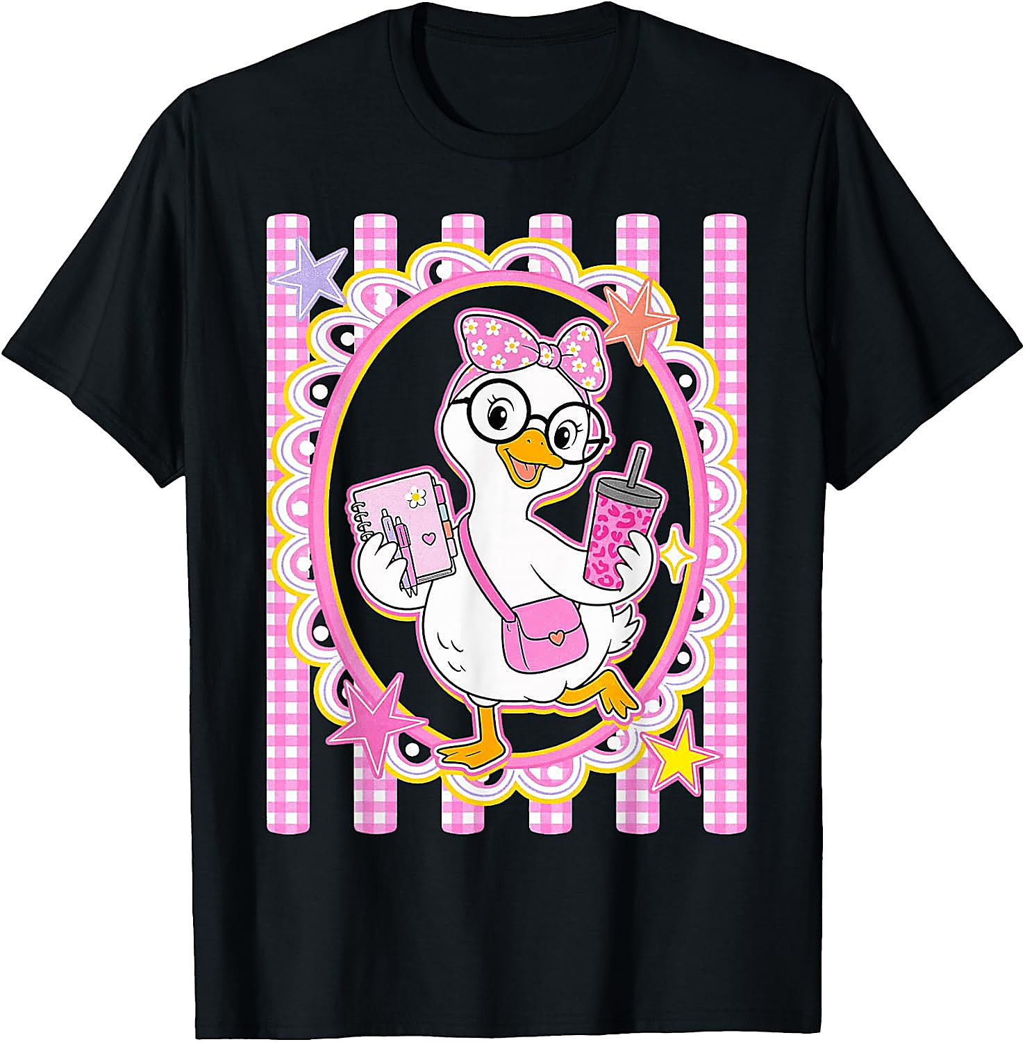 Cute Goose Teacher T-Shirt | Preppy Pink Gingham Tee