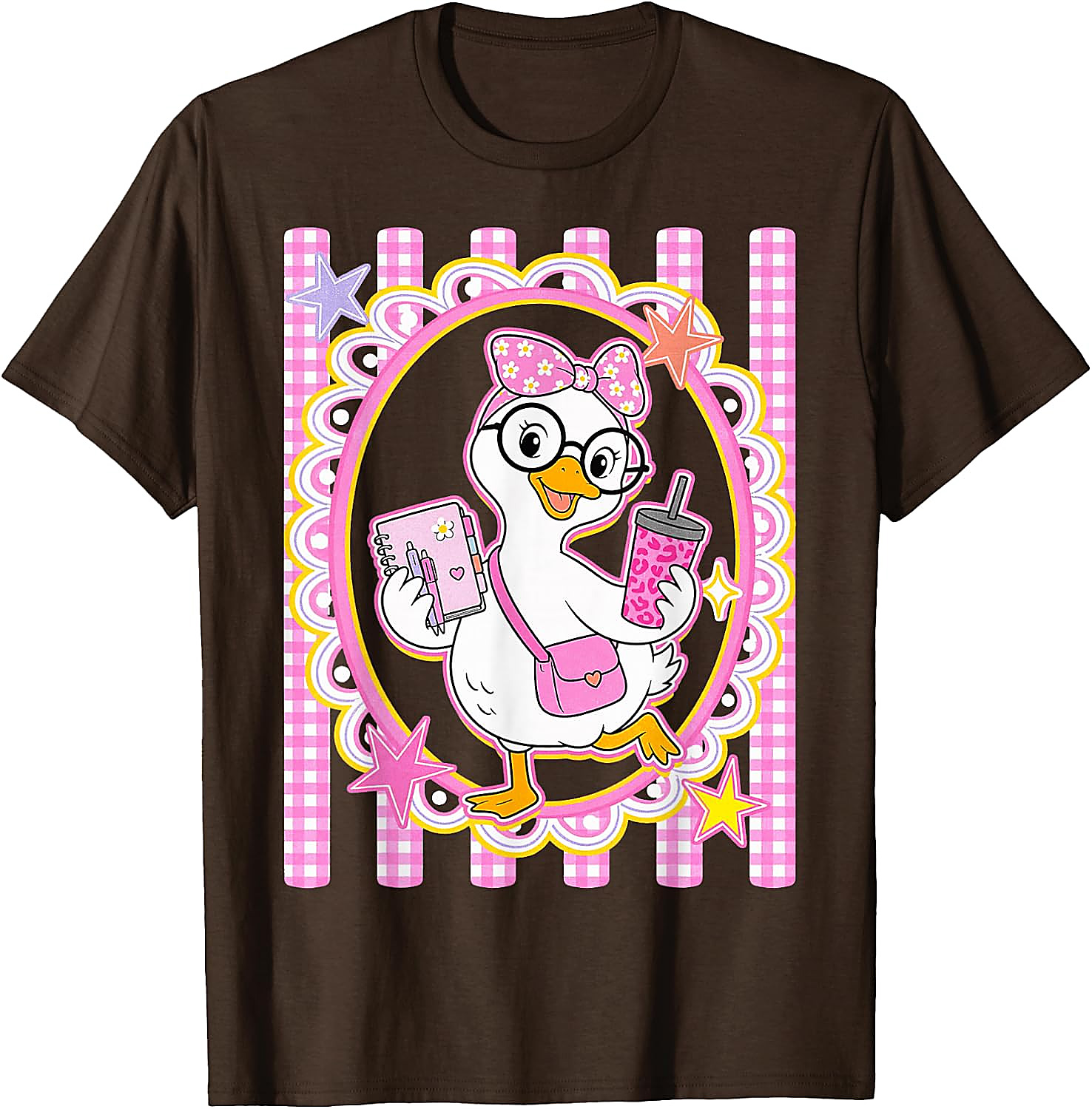 Cute Goose Teacher T-Shirt | Preppy Pink Gingham Tee