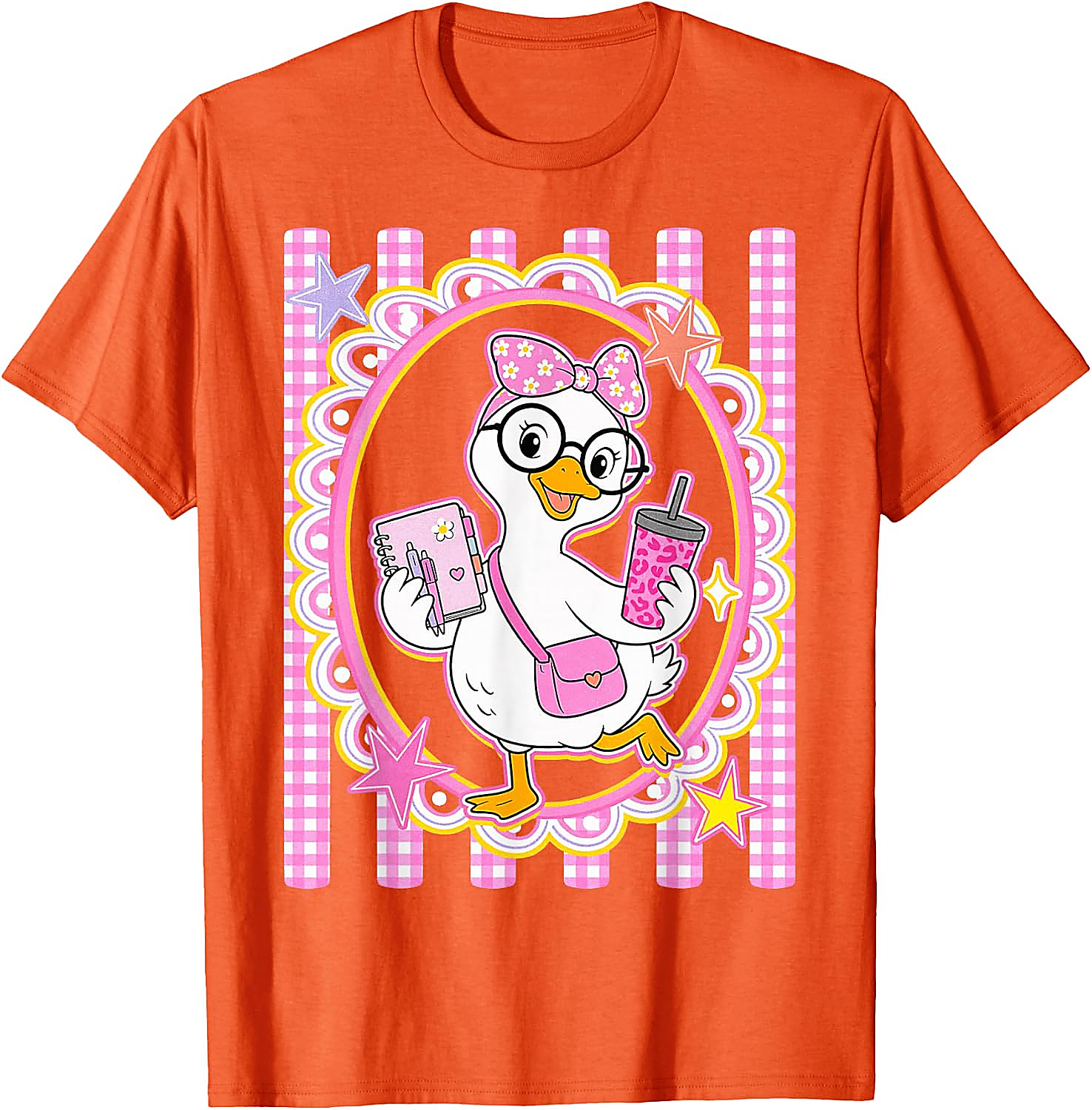 Cute Goose Teacher T-Shirt | Preppy Pink Gingham Tee