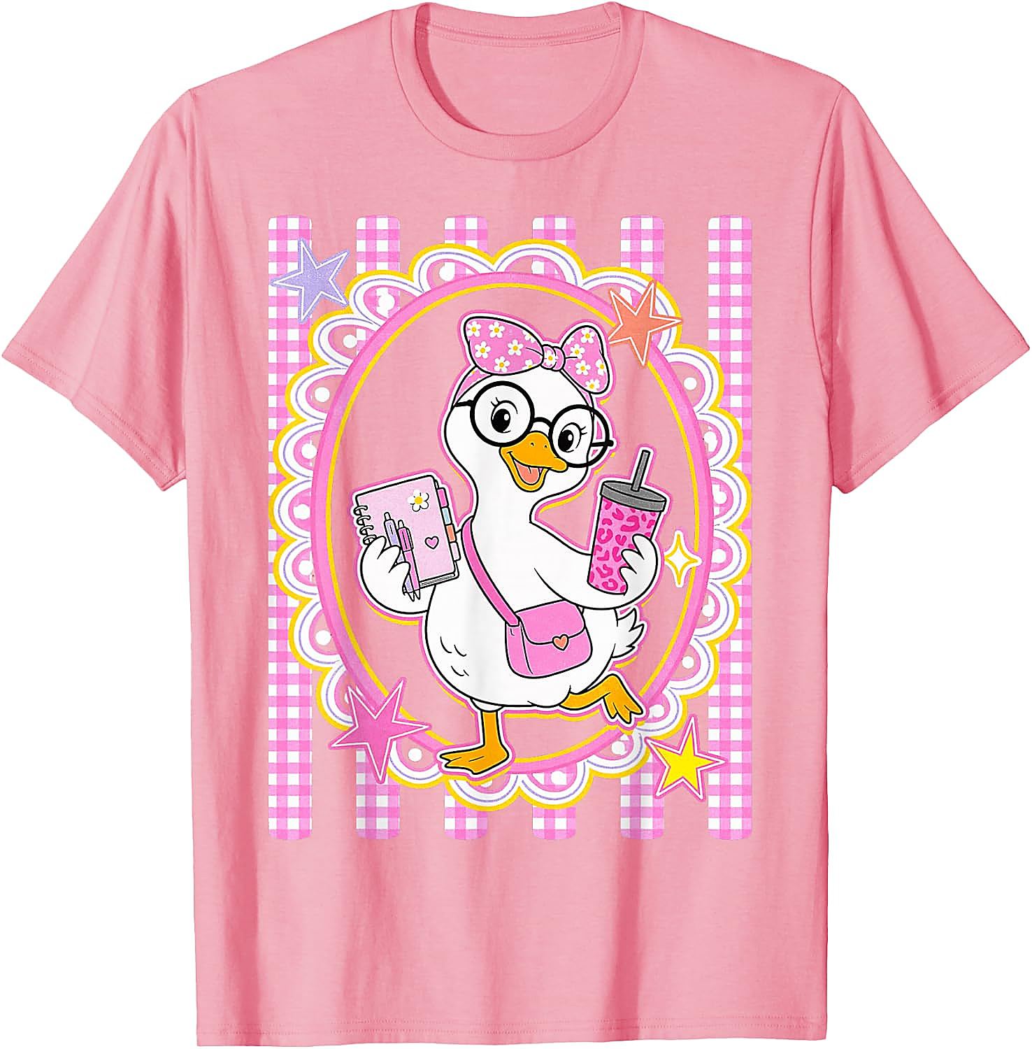 Cute Goose Teacher T-Shirt | Preppy Pink Gingham Tee