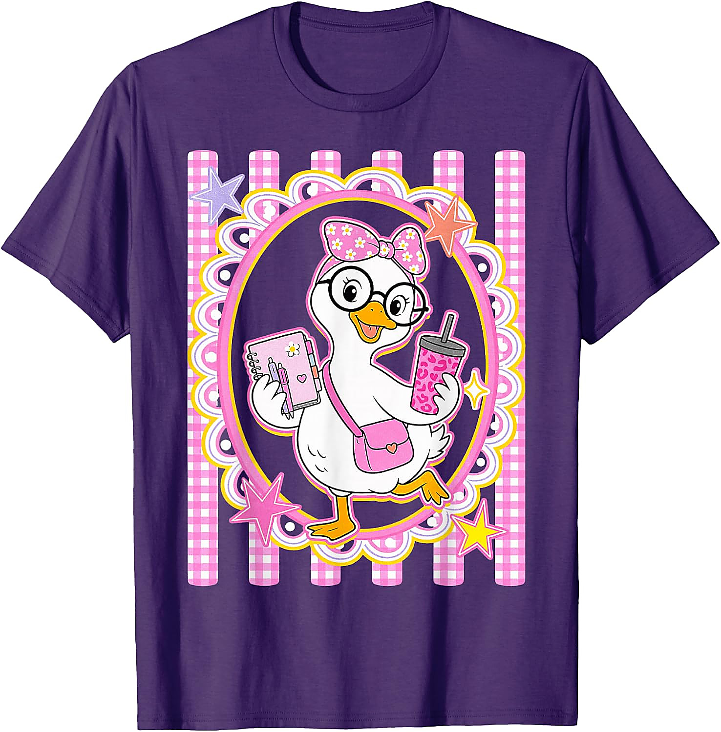Cute Goose Teacher T-Shirt | Preppy Pink Gingham Tee