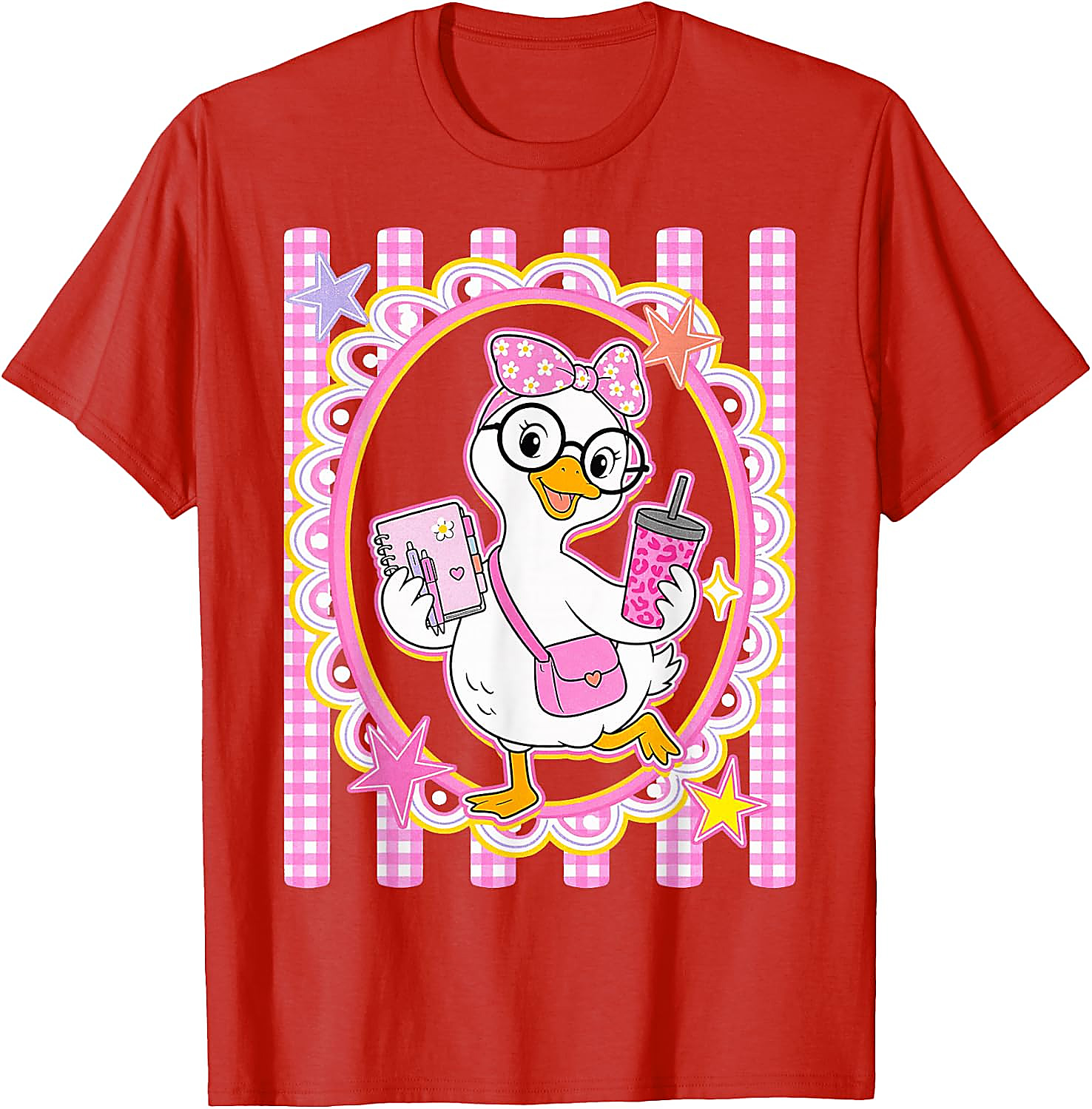 Cute Goose Teacher T-Shirt | Preppy Pink Gingham Tee