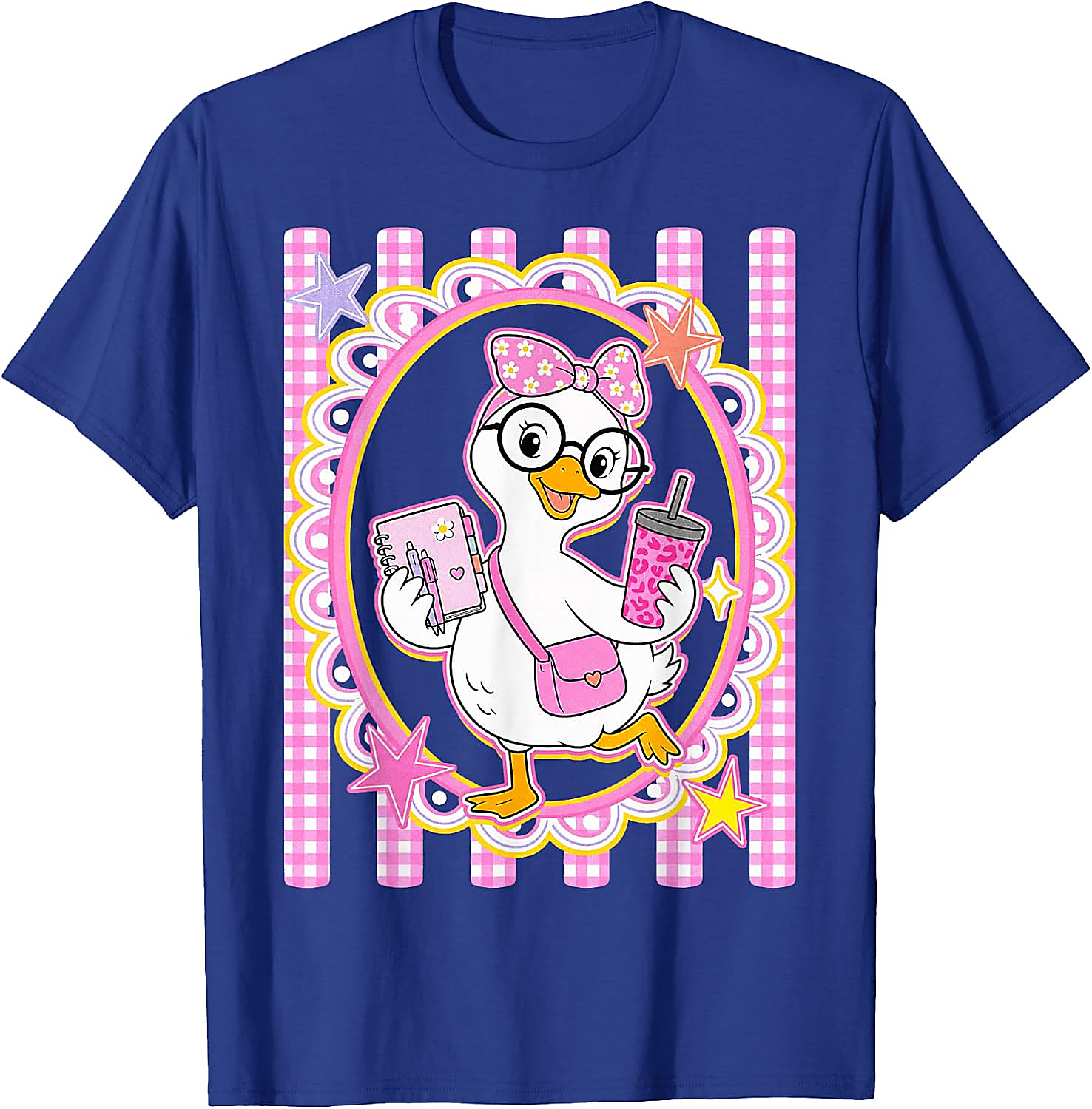 Cute Goose Teacher T-Shirt | Preppy Pink Gingham Tee