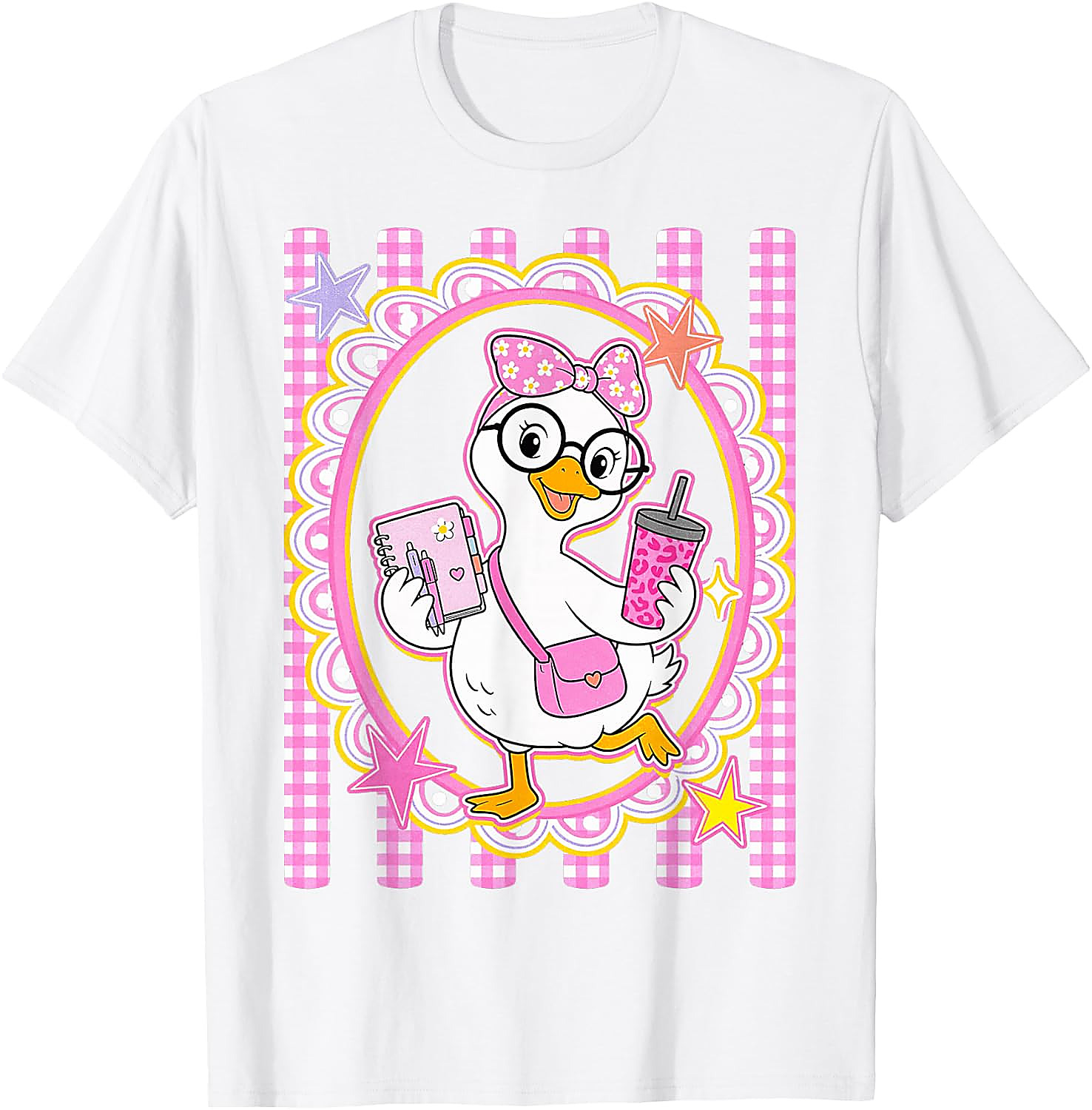 Cute Goose Teacher T-Shirt | Preppy Pink Gingham Tee