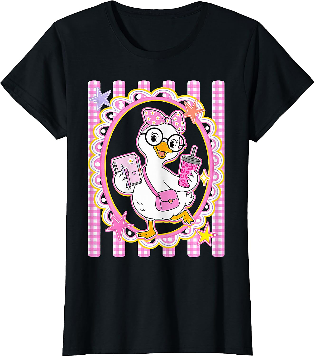 Cute Goose Teacher T-Shirt | Preppy Pink Gingham Tee