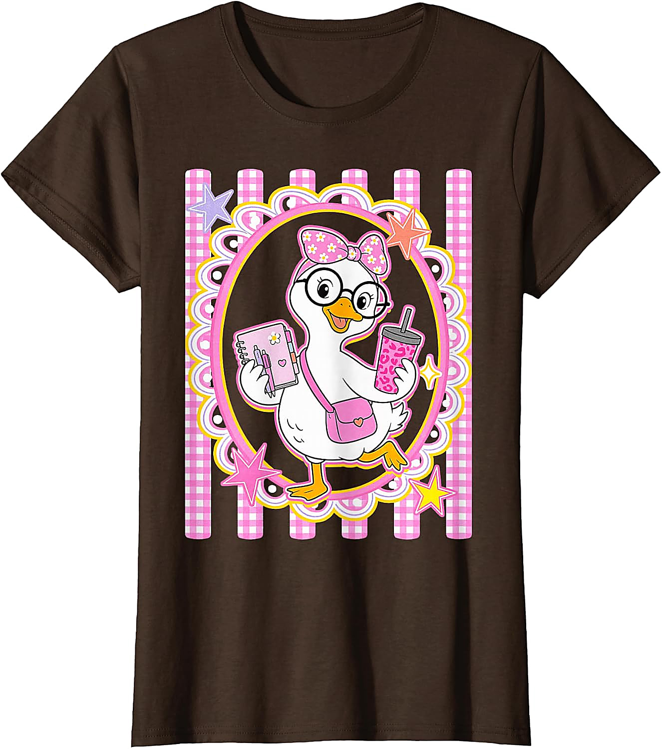 Cute Goose Teacher T-Shirt | Preppy Pink Gingham Tee