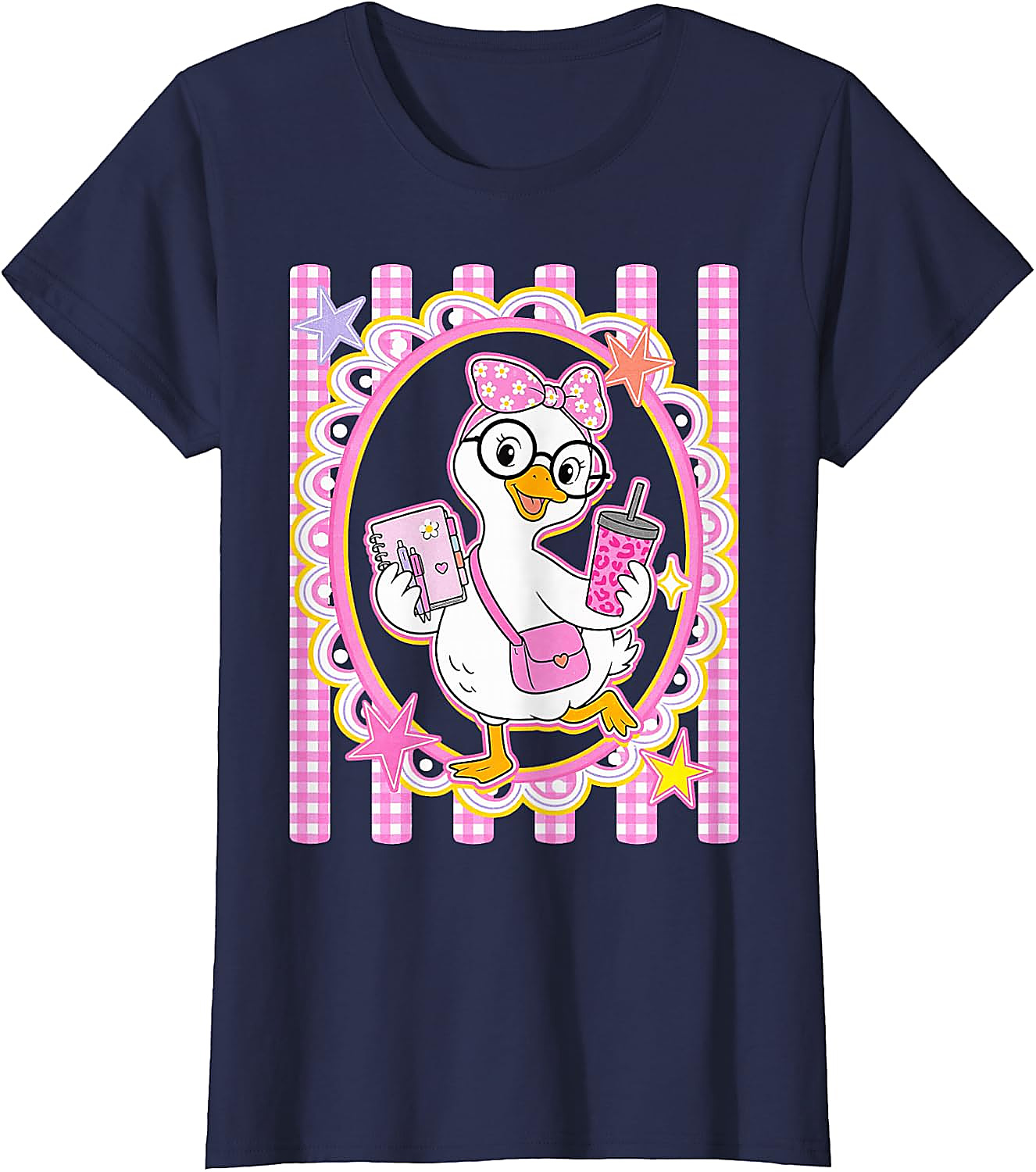 Cute Goose Teacher T-Shirt | Preppy Pink Gingham Tee