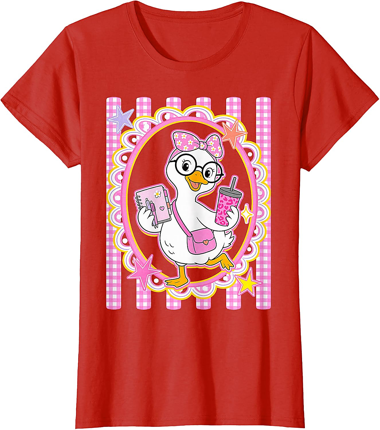 Cute Goose Teacher T-Shirt | Preppy Pink Gingham Tee