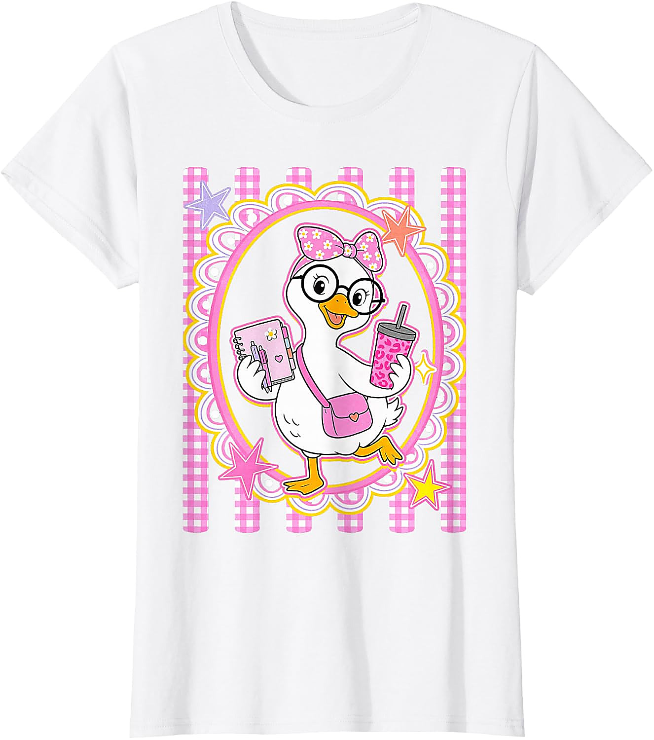 Cute Goose Teacher T-Shirt | Preppy Pink Gingham Tee