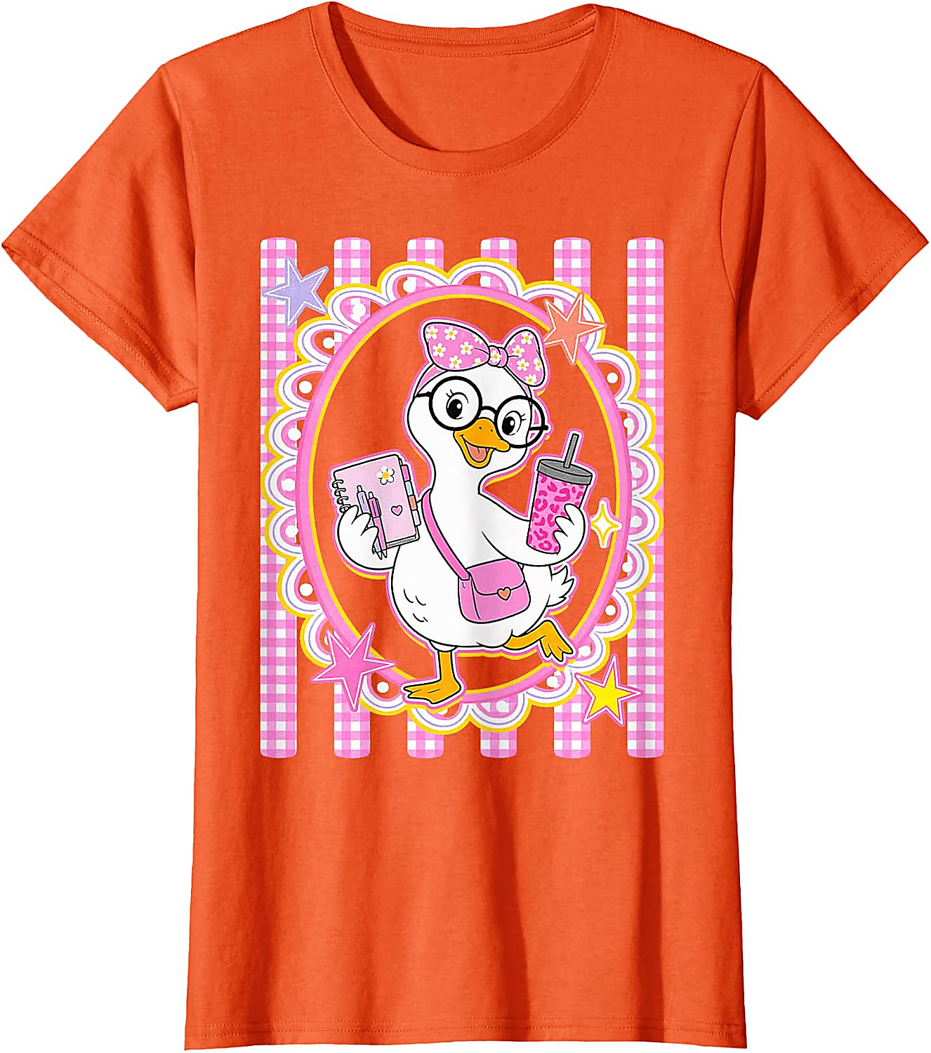 Cute Goose Teacher T-Shirt | Preppy Pink Gingham Tee