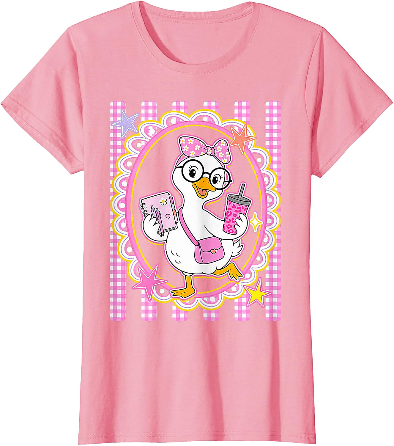 Cute Goose Teacher T-Shirt | Preppy Pink Gingham Tee