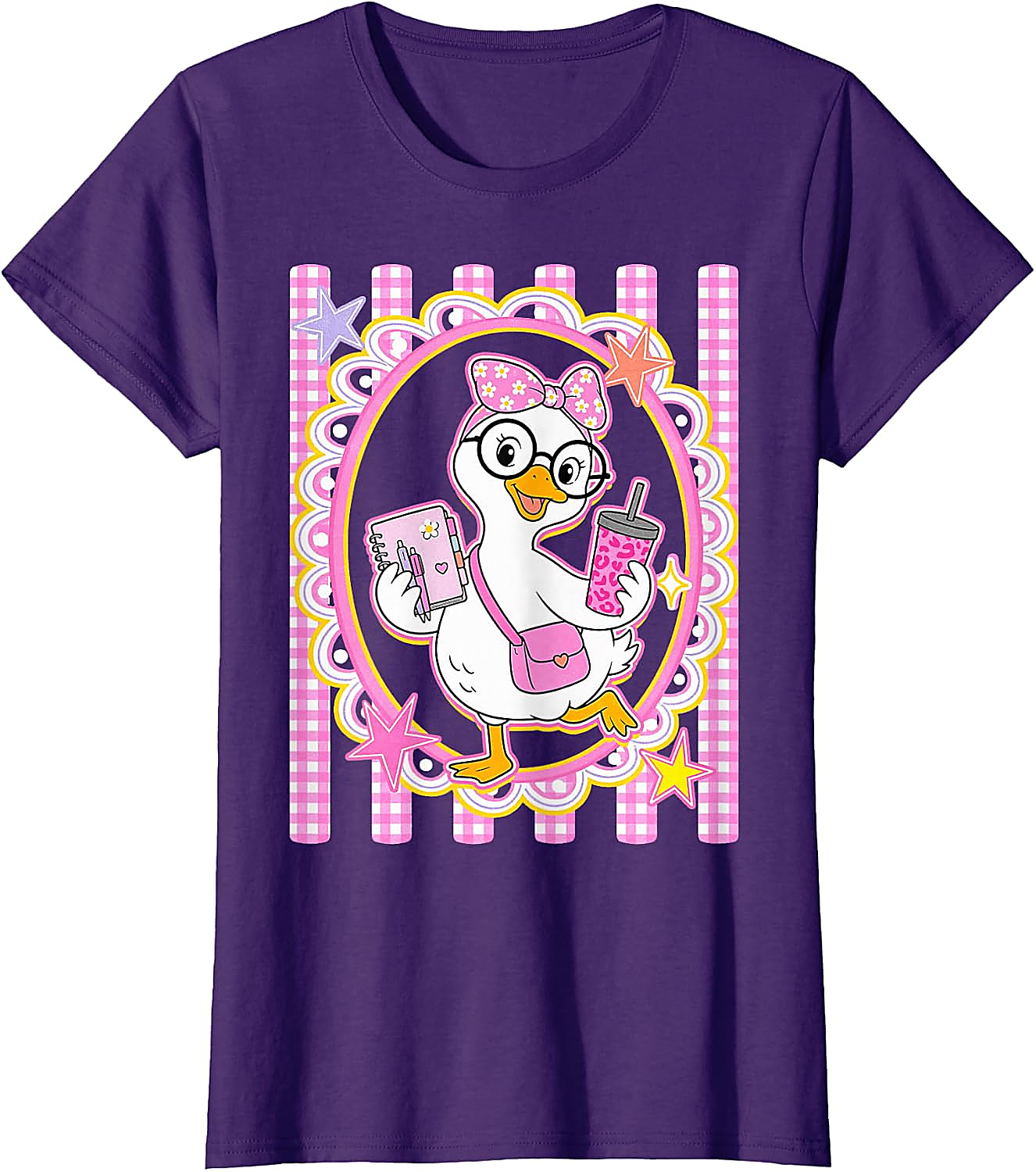 Cute Goose Teacher T-Shirt | Preppy Pink Gingham Tee