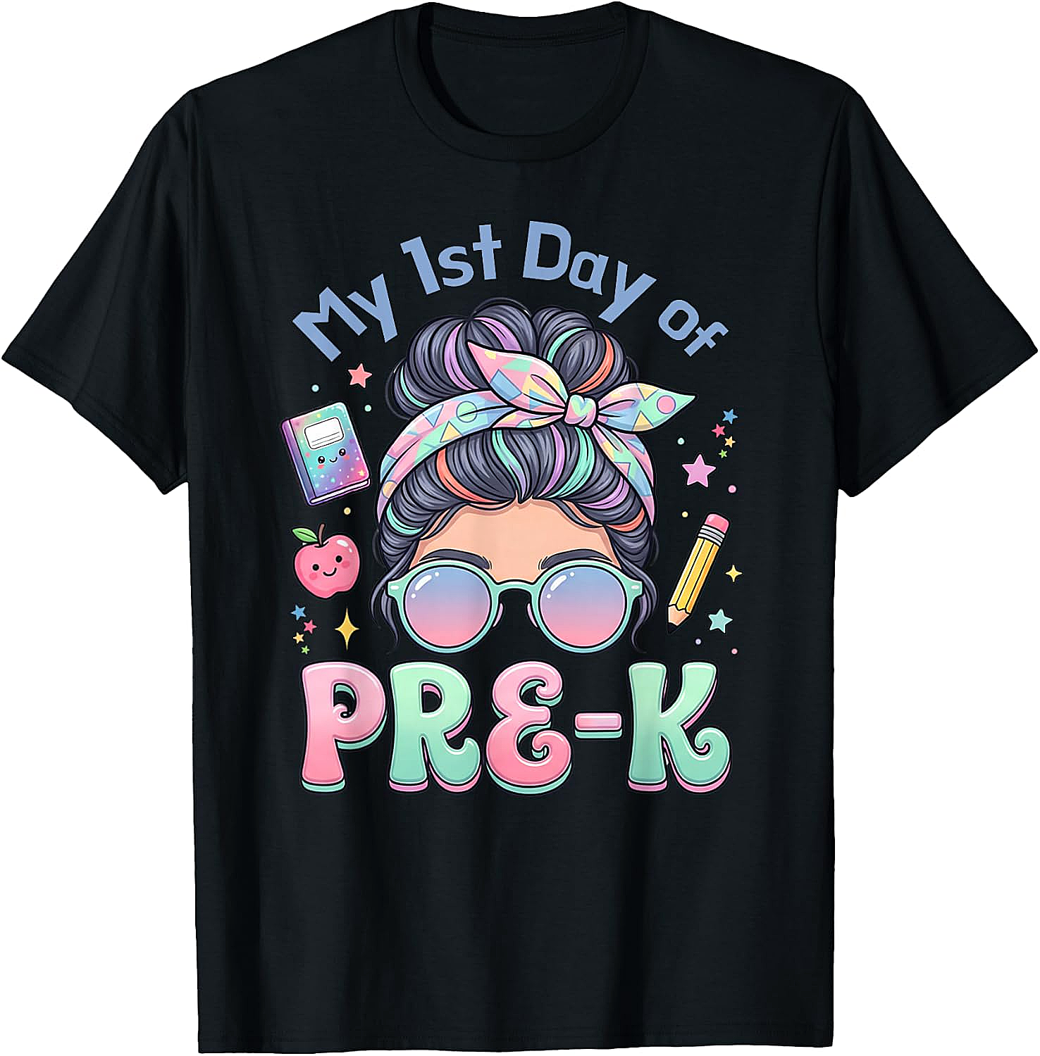 My First Day of Pre-K Messy Bun Girl's T-Shirt Cute School Tee