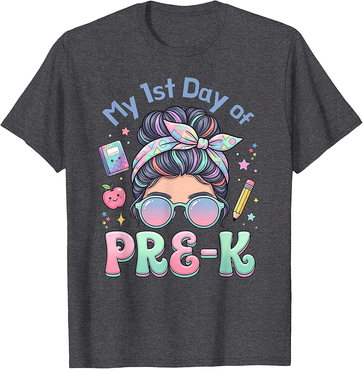 My First Day of Pre-K Messy Bun Girl's T-Shirt Cute School Tee