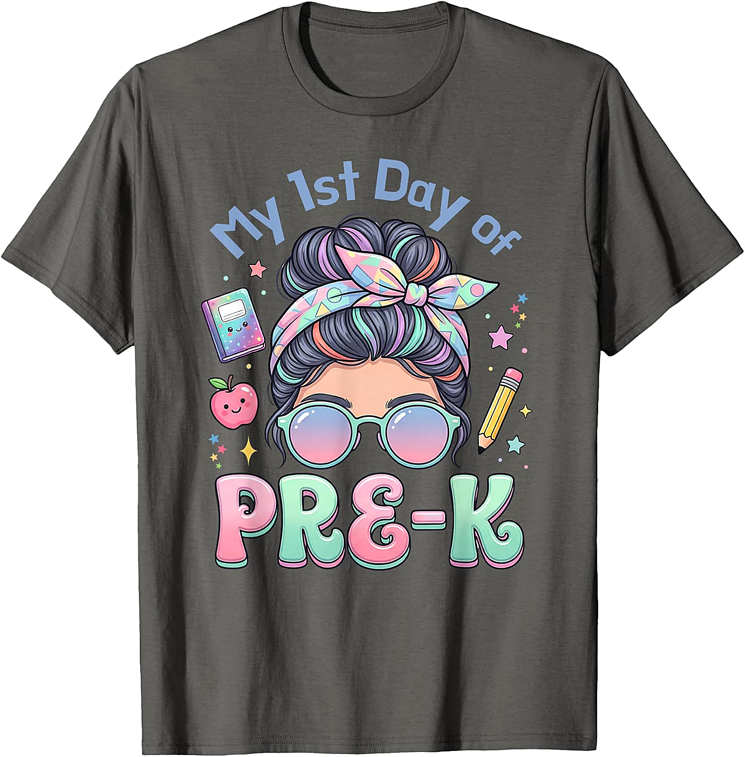 My First Day of Pre-K Messy Bun Girl's T-Shirt Cute School Tee