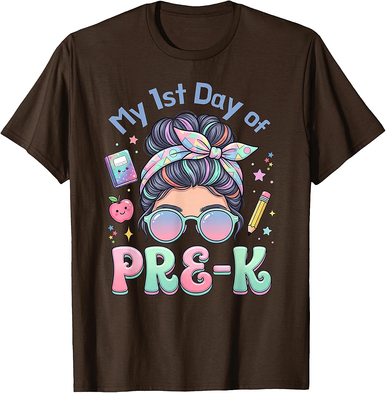 My First Day of Pre-K Messy Bun Girl's T-Shirt Cute School Tee