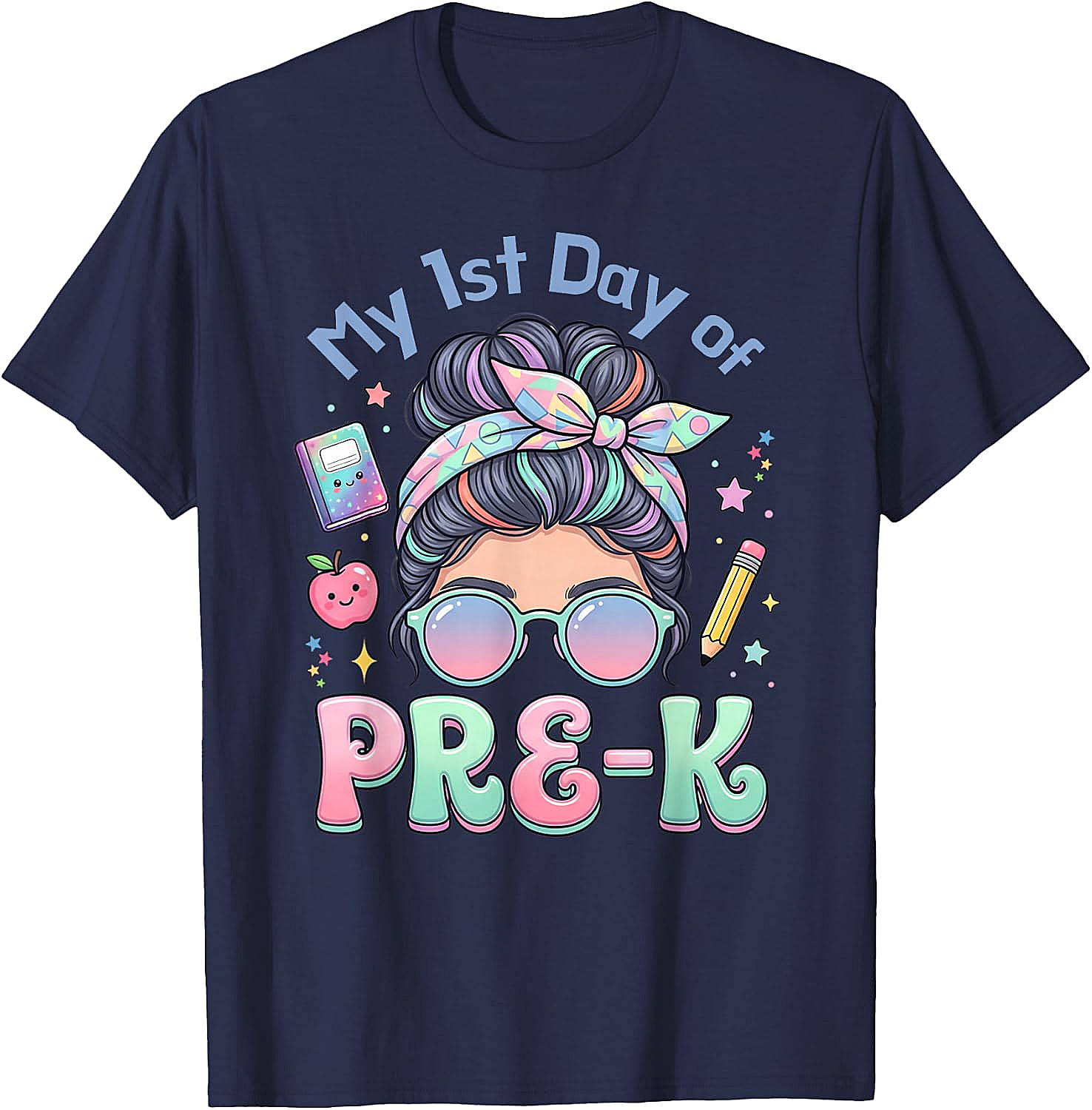 My First Day of Pre-K Messy Bun Girl's T-Shirt Cute School Tee