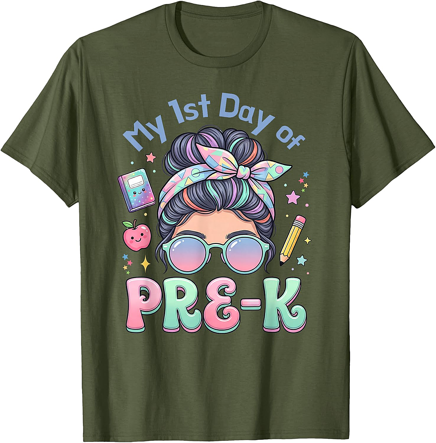 My First Day of Pre-K Messy Bun Girl's T-Shirt Cute School Tee