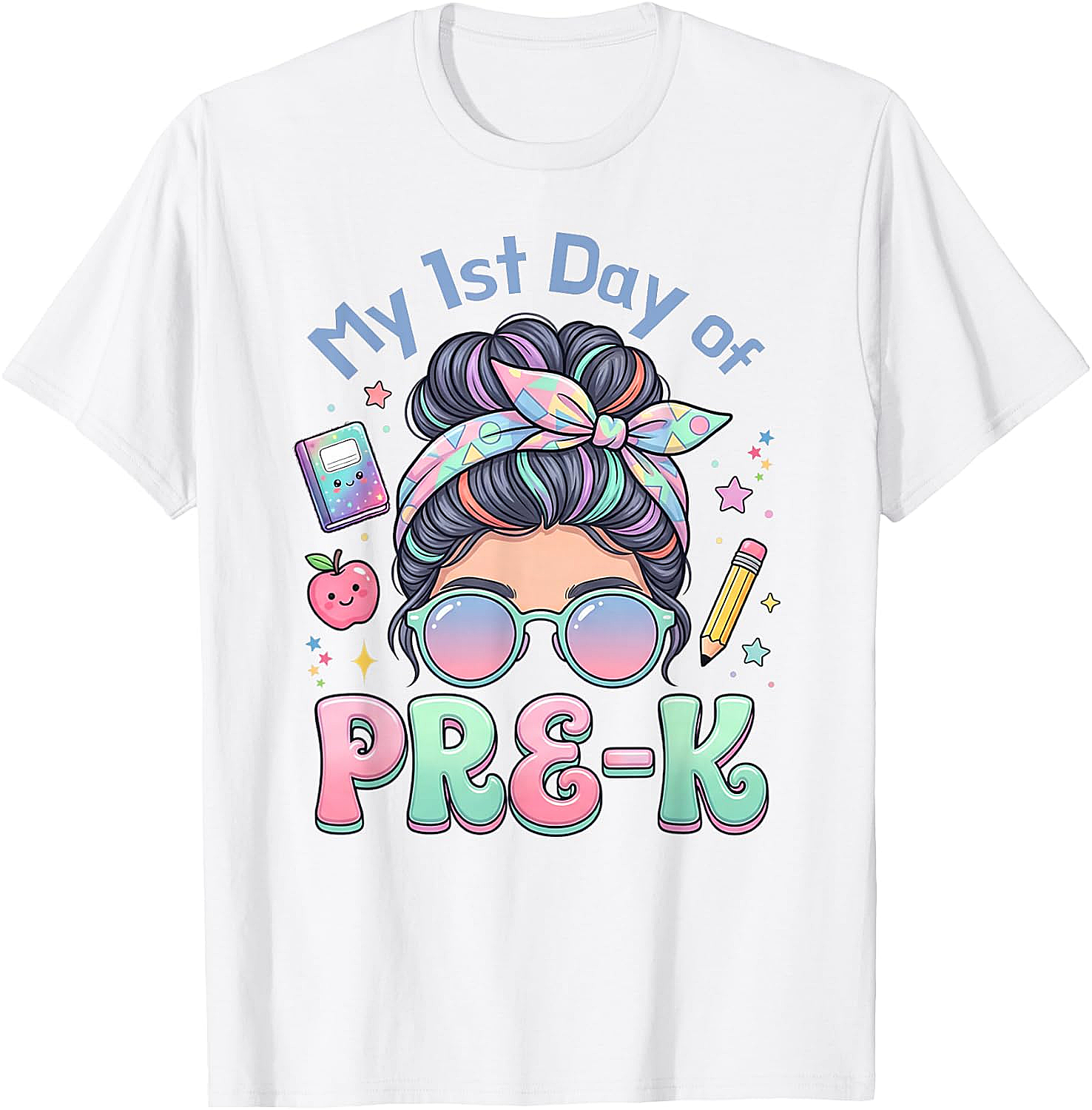 My First Day of Pre-K Messy Bun Girl's T-Shirt Cute School Tee