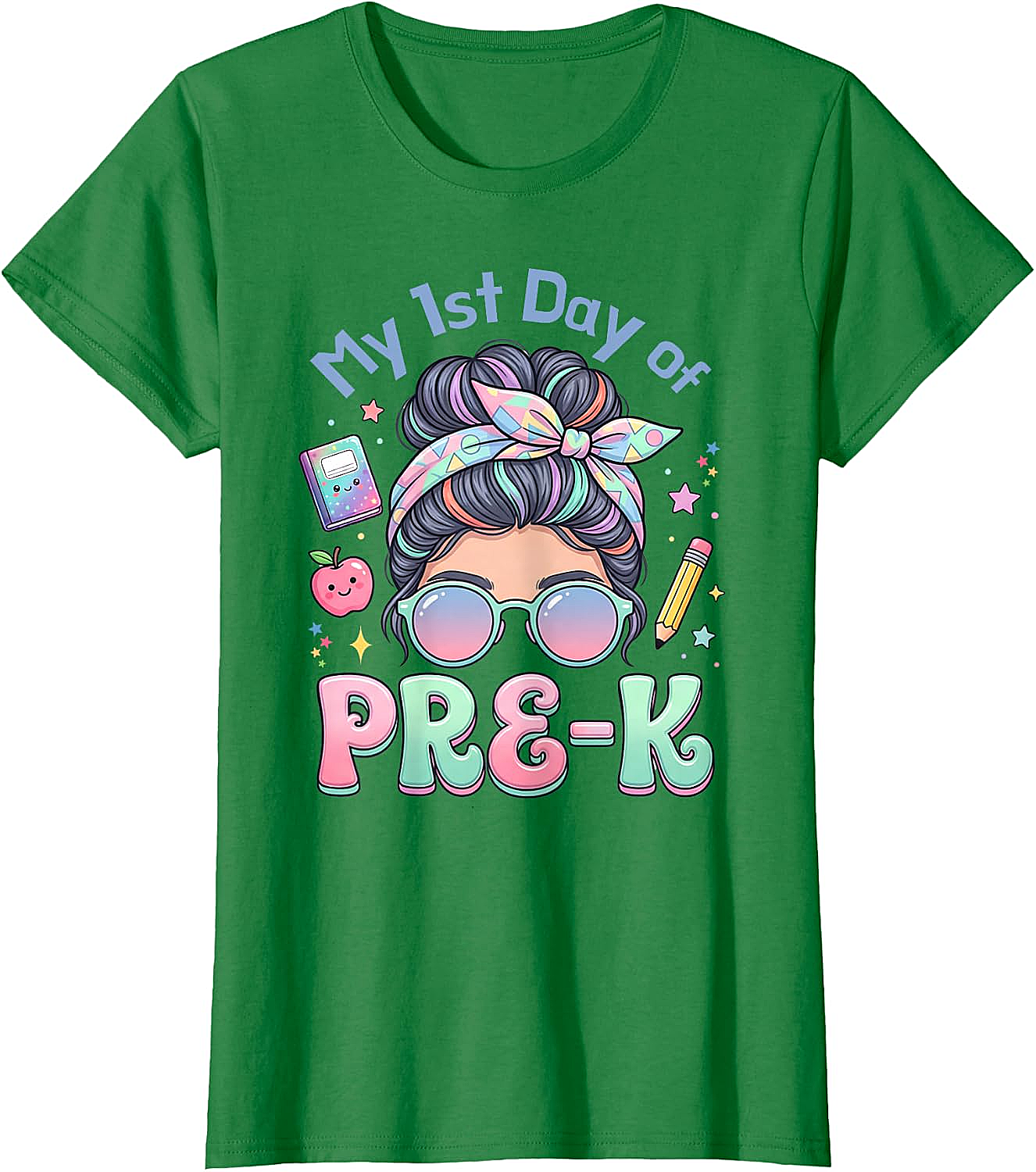 My First Day of Pre-K Messy Bun Girl's T-Shirt Cute School Tee