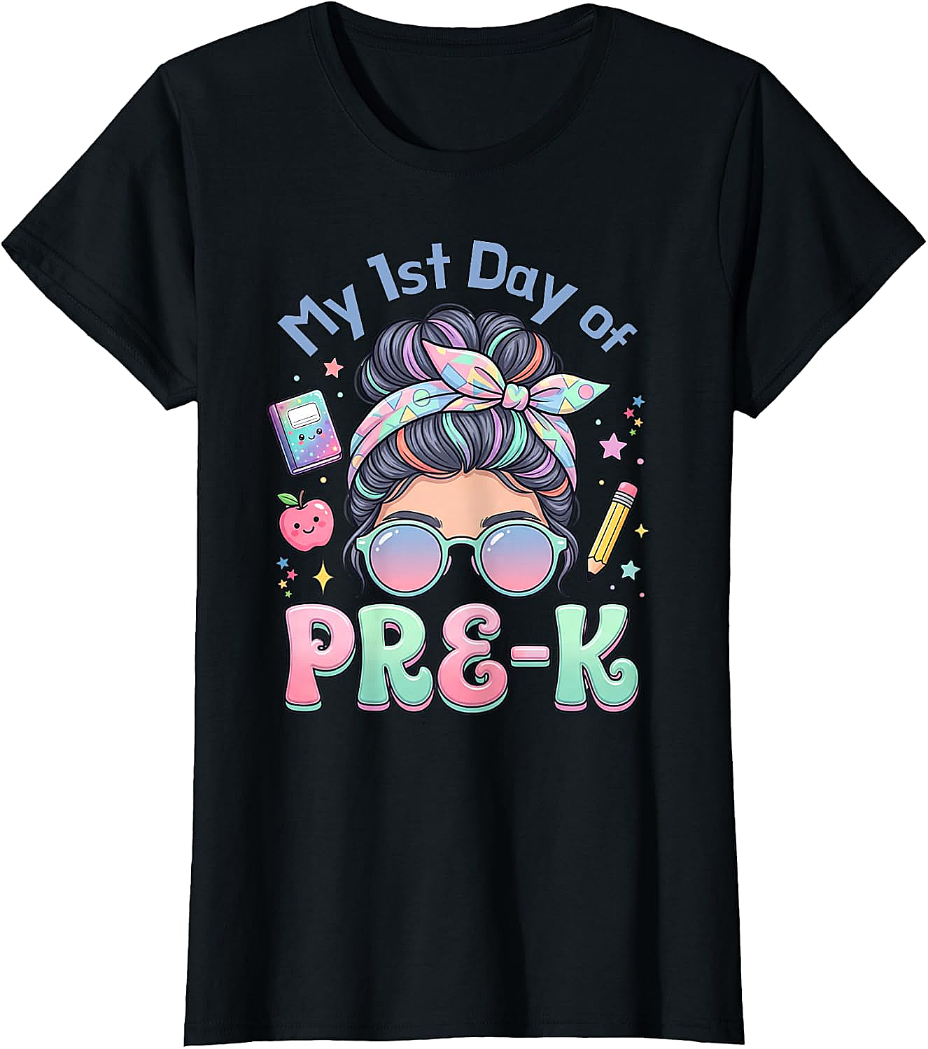 My First Day of Pre-K Messy Bun Girl's T-Shirt Cute School Tee