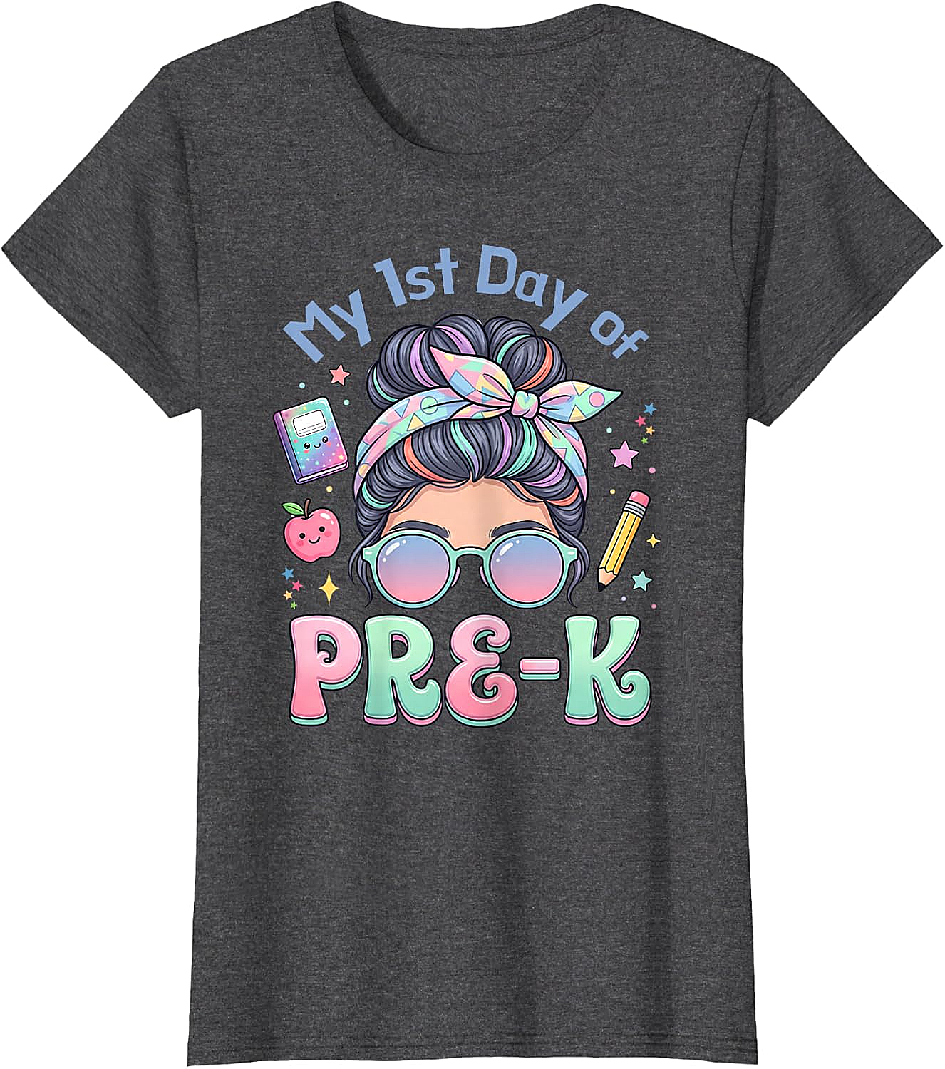 My First Day of Pre-K Messy Bun Girl's T-Shirt Cute School Tee