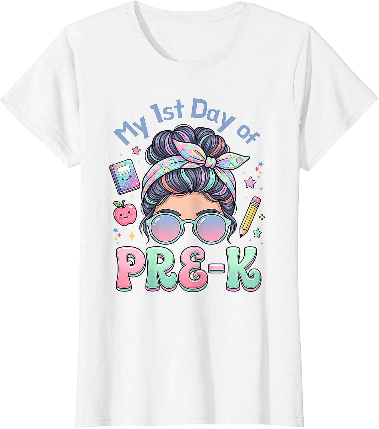 My First Day of Pre-K Messy Bun Girl's T-Shirt Cute School Tee