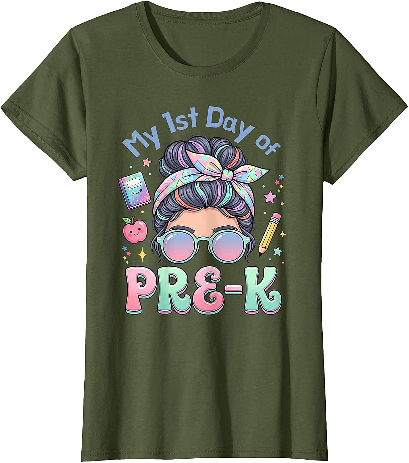 My First Day of Pre-K Messy Bun Girl's T-Shirt Cute School Tee
