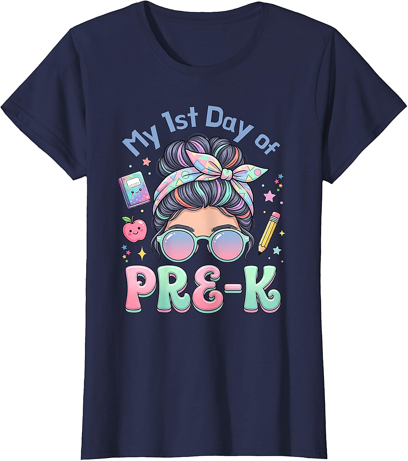 My First Day of Pre-K Messy Bun Girl's T-Shirt Cute School Tee