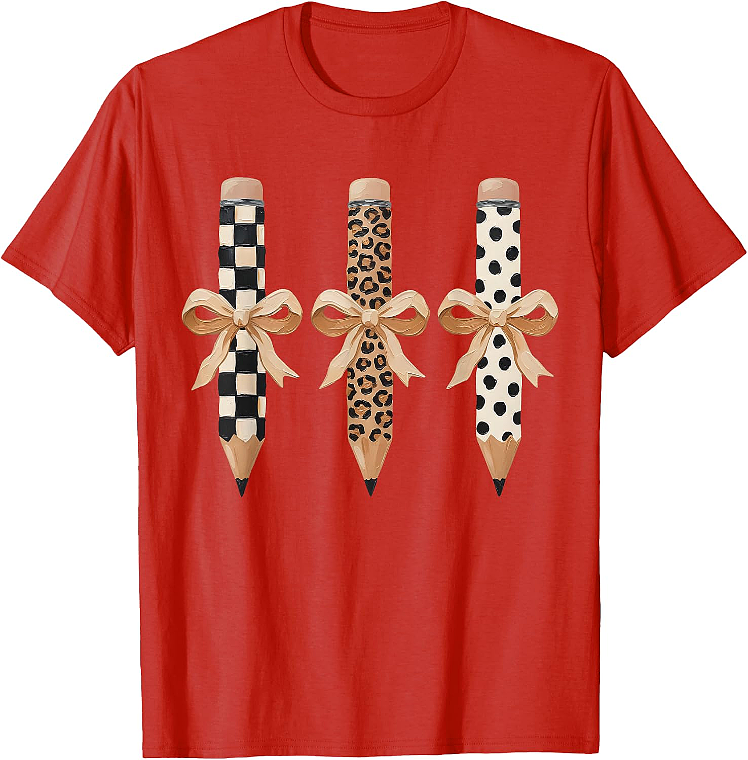  Preppy Leopard Pencil Bow Coquette Teacher Back to School Tee