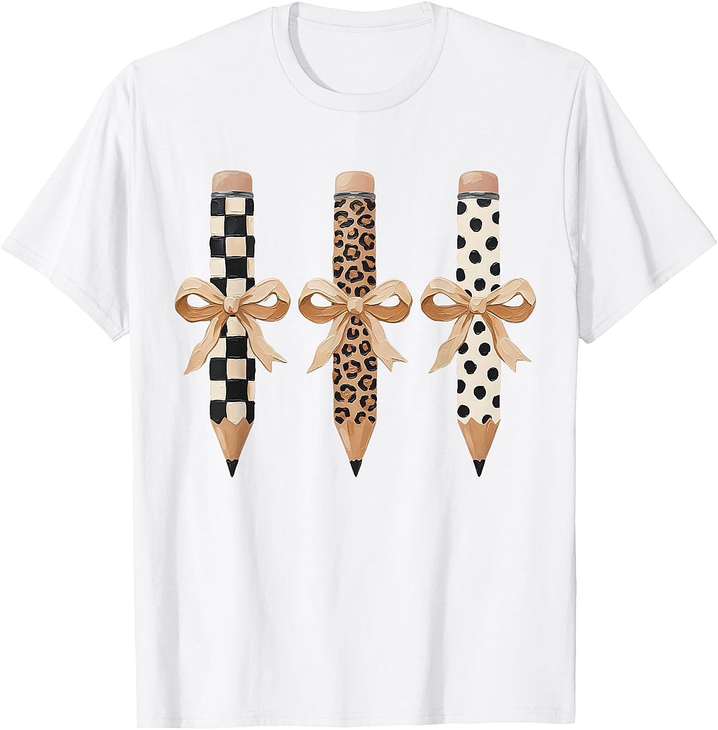  Preppy Leopard Pencil Bow Coquette Teacher Back to School Tee