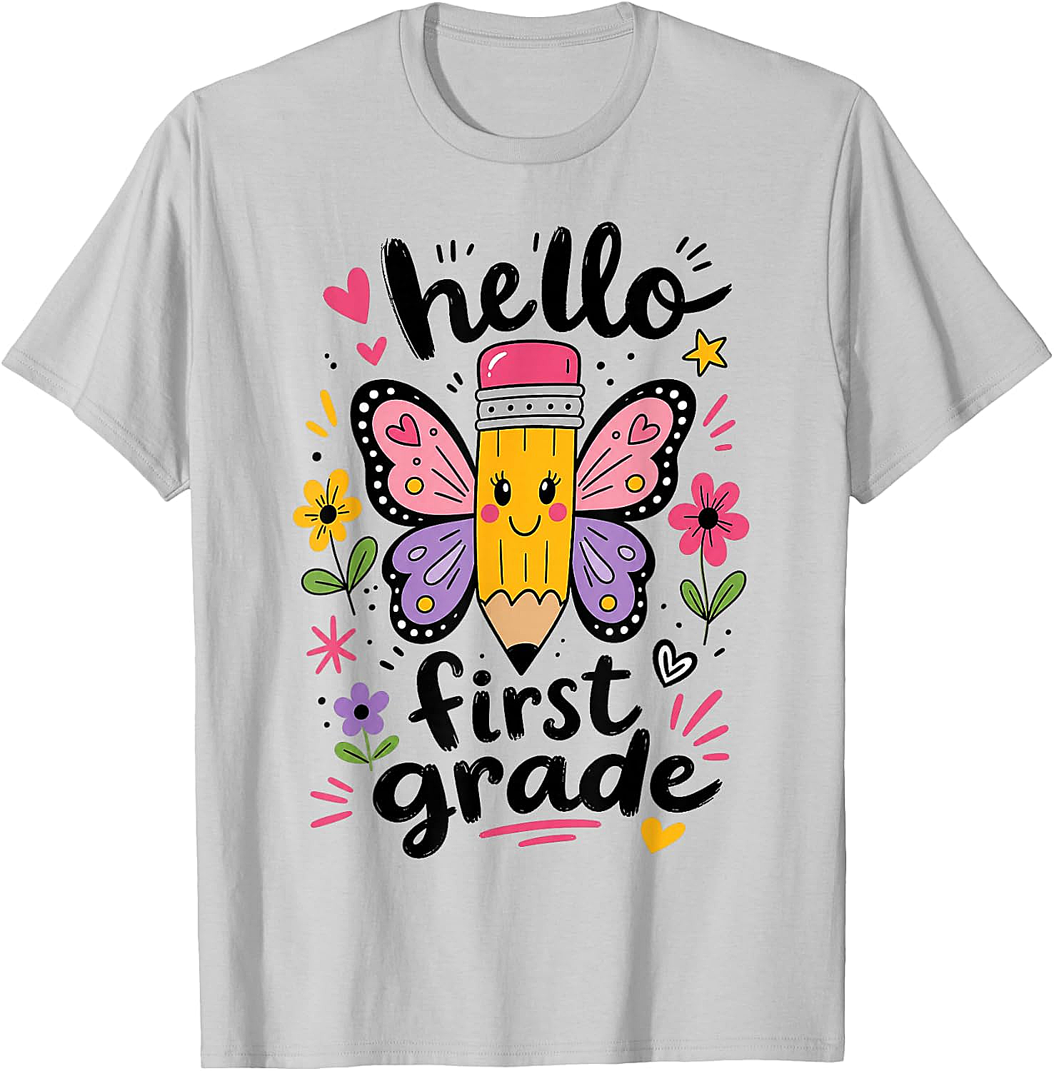  Hello First Grade Pencil Butterfly T-Shirt Back to School