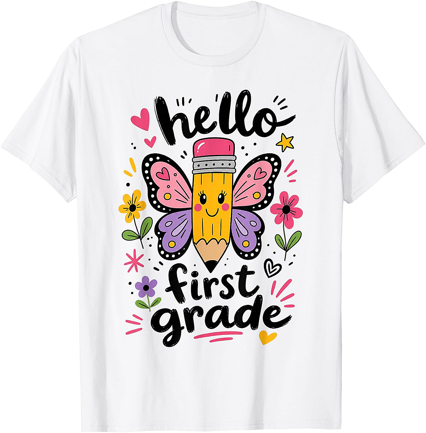 Hello First Grade Pencil Butterfly T-Shirt Back to School