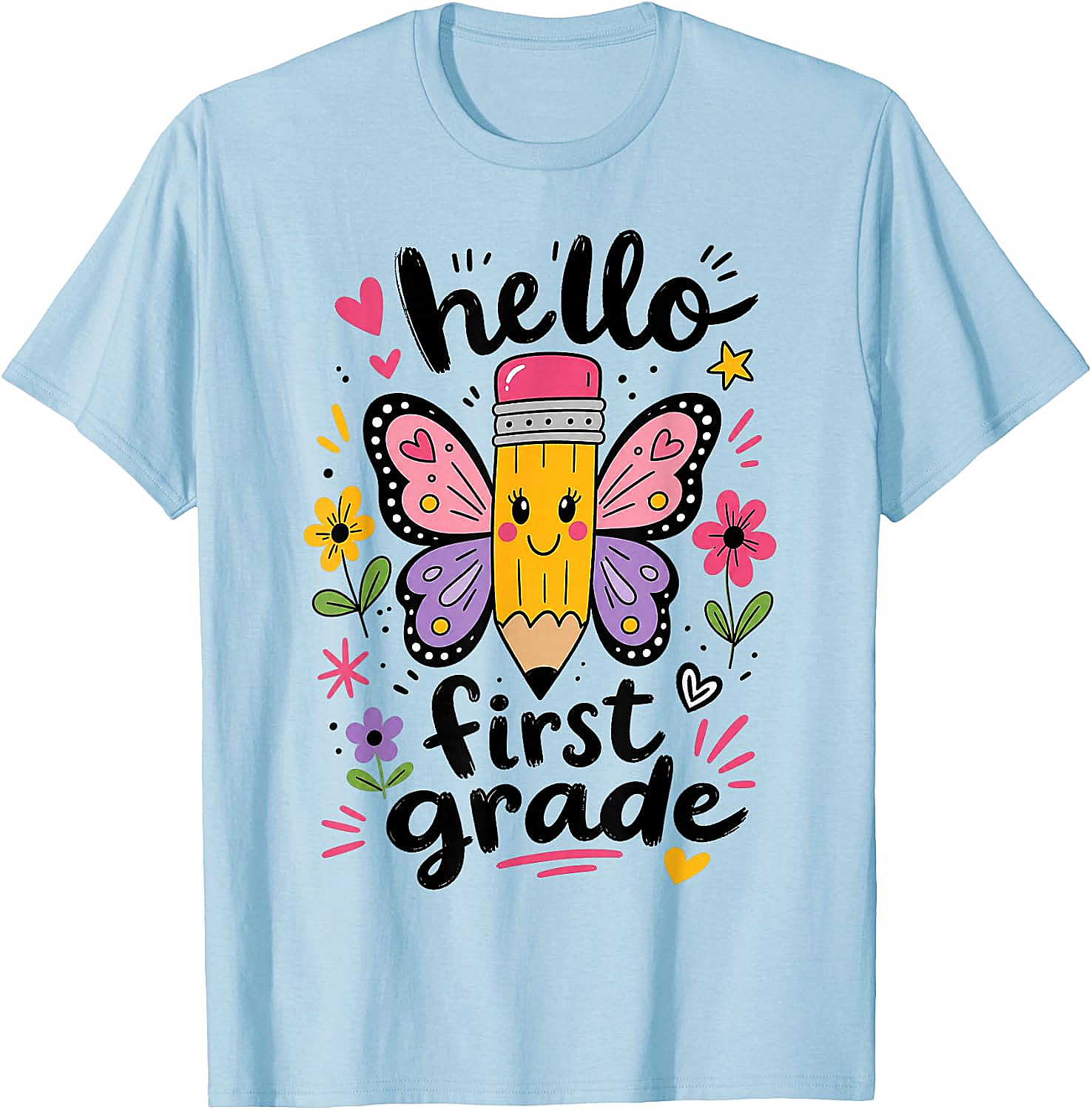  Hello First Grade Pencil Butterfly T-Shirt Back to School