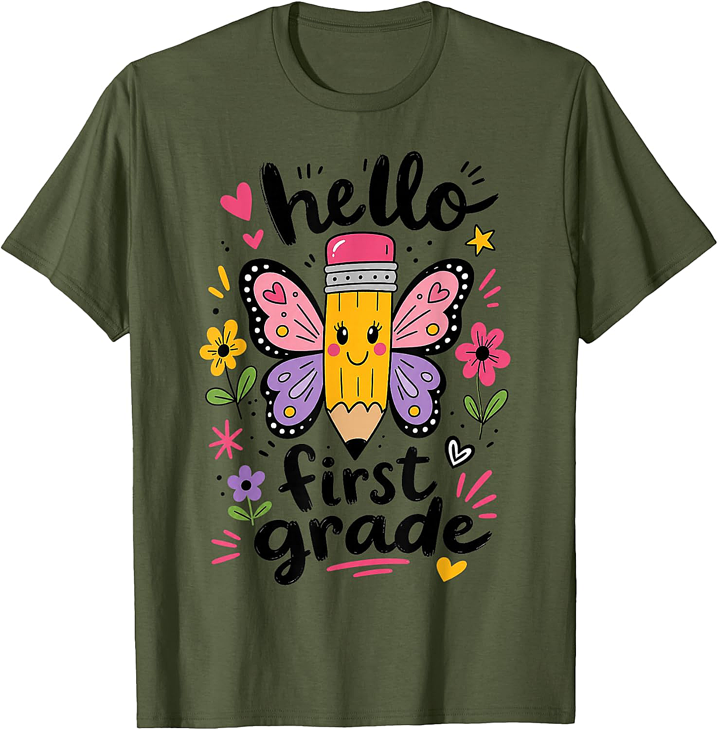  Hello First Grade Pencil Butterfly T-Shirt Back to School